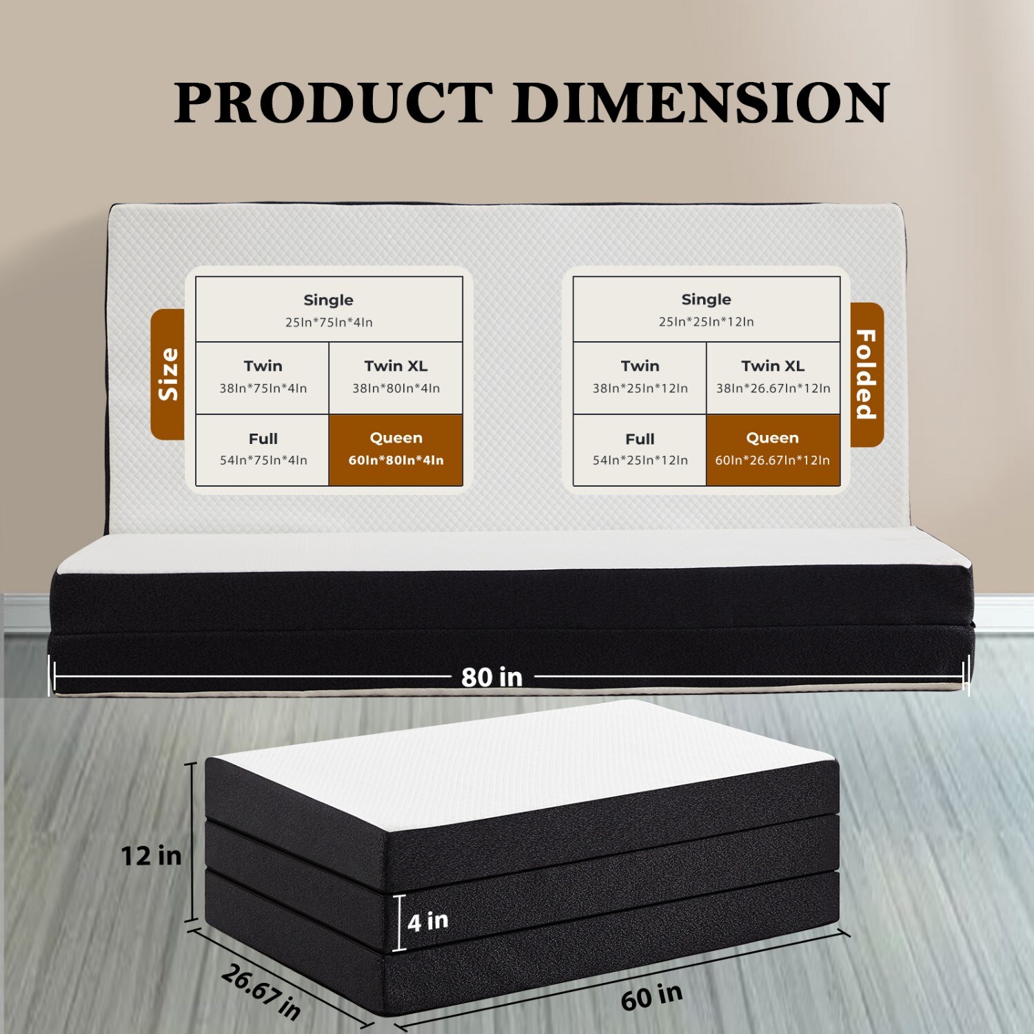 4″ Tri-fold Memory Foam Mattress w/ Washable Cover, Foldable&Portable Floor Bed