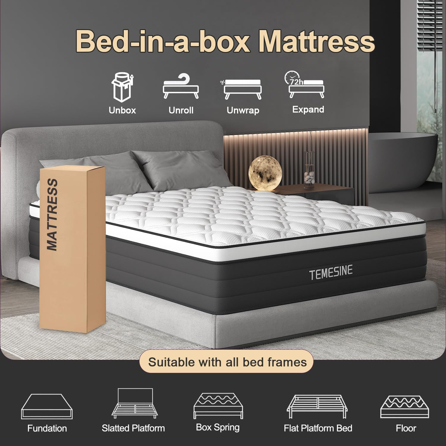 Queen Mattress, 14 Inch Hybrid Mattress in a Box with Individual Pocket Spring,