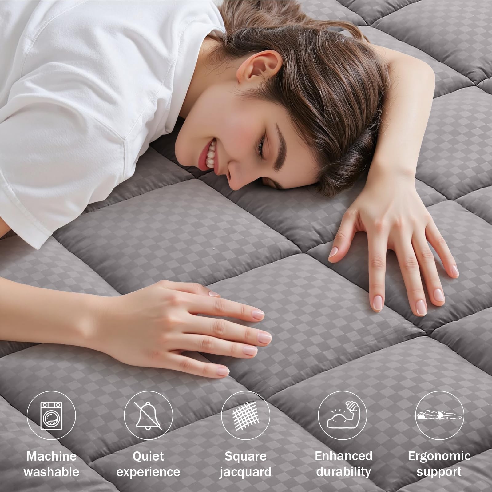 Queen Mattress Pad Quilted Pillow Top Cooling Deep Pocket Light Grey Bed Prot…
