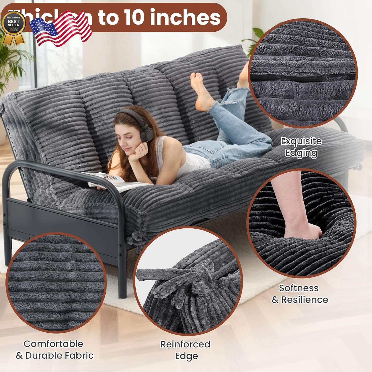 10″ Futon Mattress Queen Size Futons Sofa Couch Bed with Straps Thick Corduroy
