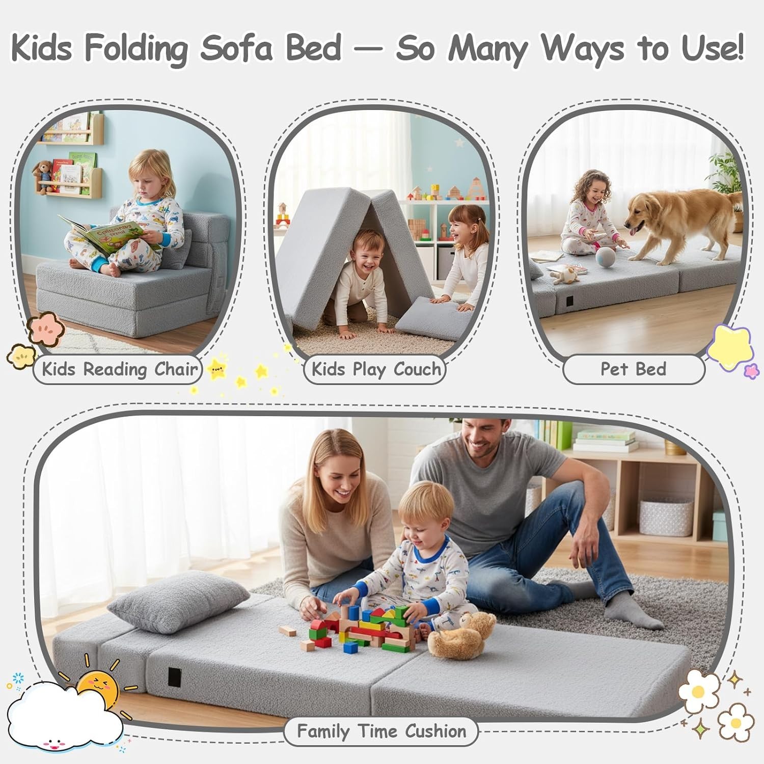Kids Folding Mattress Kids Floor Couch Sofa with Storage Bag Grey