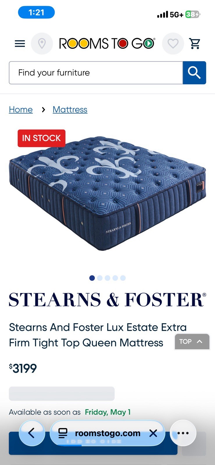 Stearns & Foster Lux Estate Extra Firm Tight Top Queen Mattress Blue Geometric