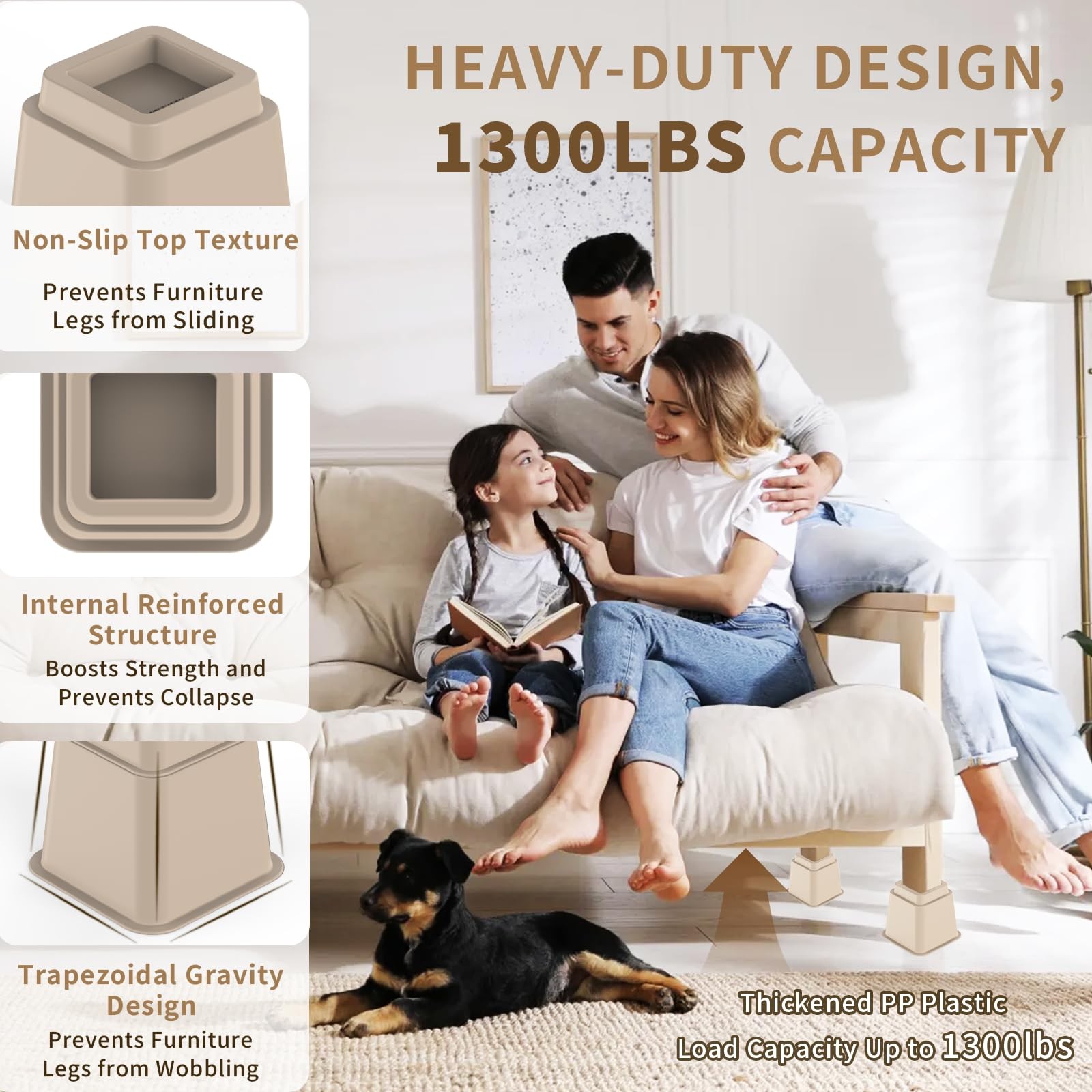 Adjustable Bed Risers 3, 5, 8 Inch Heavy Duty, Stackable Furniture Brown