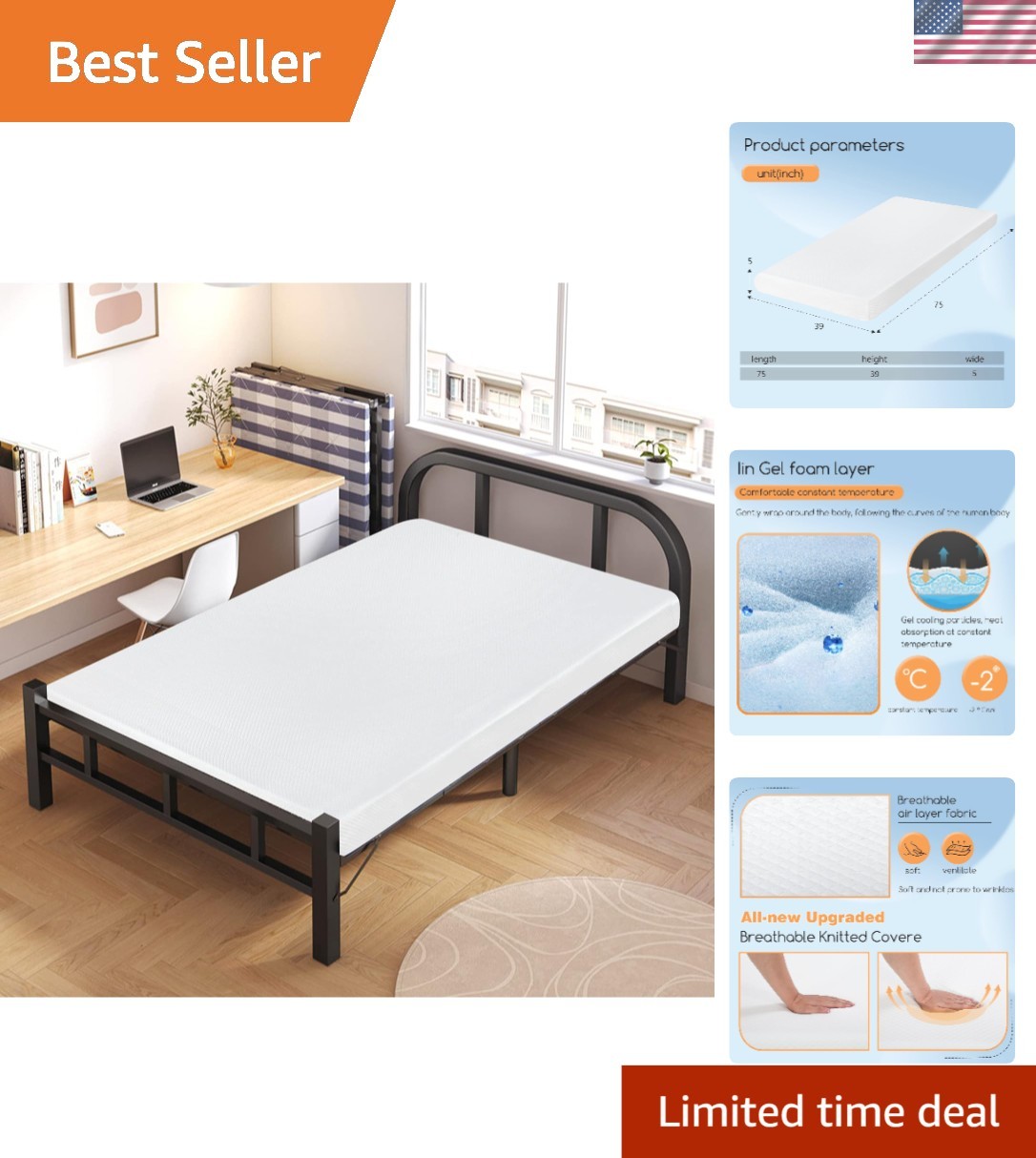 5 Inch Twin Mattress in White | Gel Memory Foam with Pressure Relief & Cooling