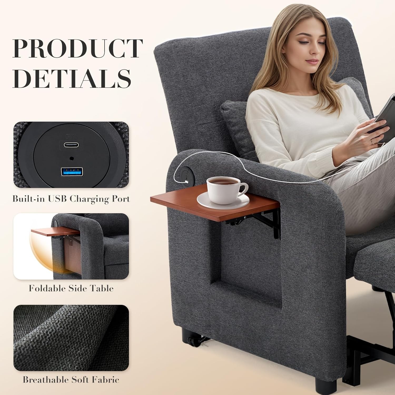 Convertible Sleeper Chair-Fabric Futon Sofa Bed, Single Sleeper