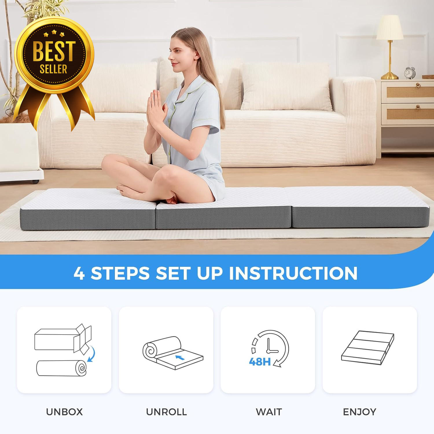4-Inch Tri-Fold Memory Foam Mattress Foldable Floor Bed w Washable Cover Single