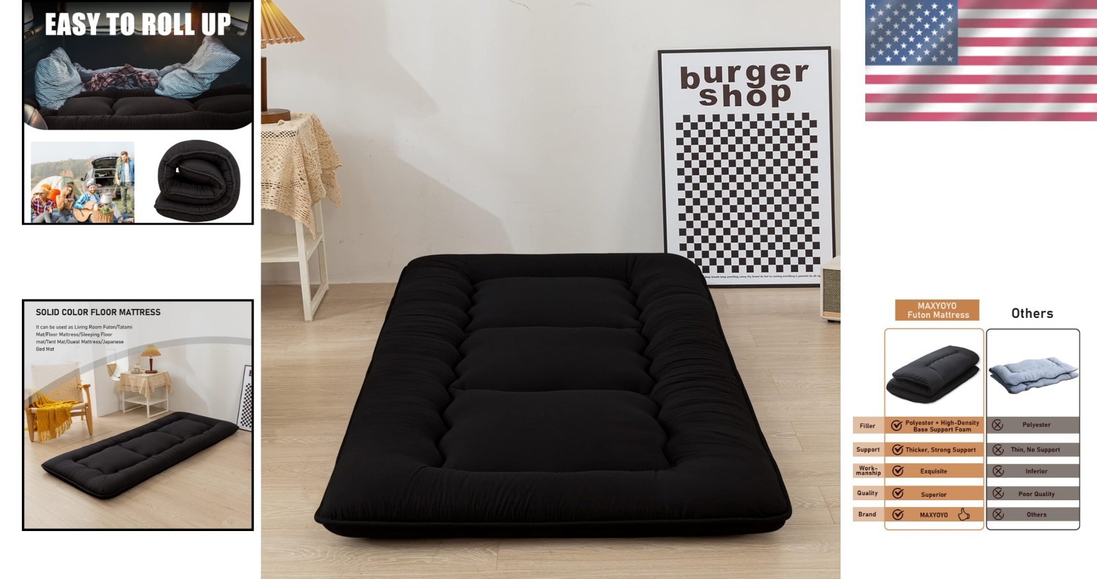 Compact 4″ Black Floor Mattress with Dustproof Cover – Versatile Adult Futon