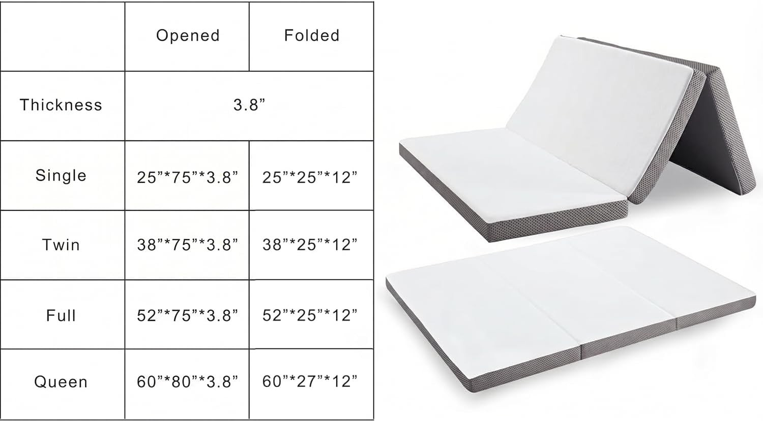 Foldable Mat 3.8 Inch Folding Mat Tri-Fold Gel Memory Foam Breathable with Stora