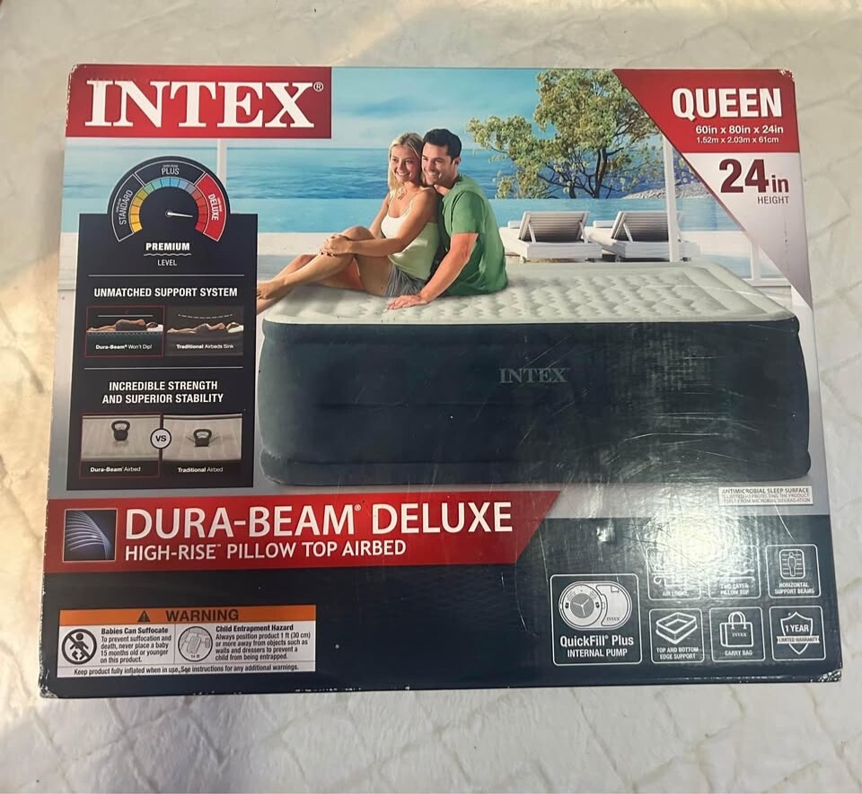Intex Queen Mattress, New. Dura Beam Delux, perfect for visits.