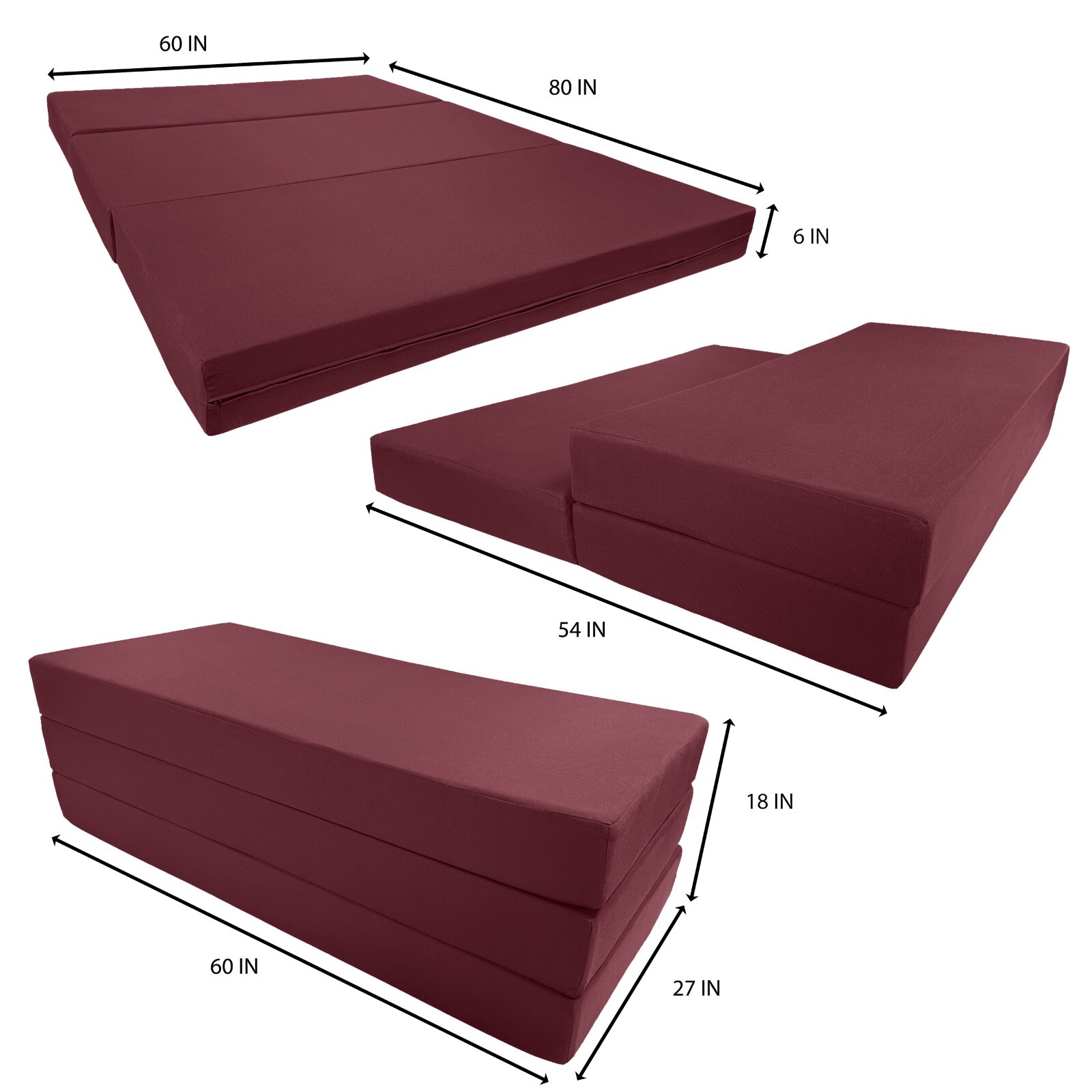 Queen Burgundy Trifold Foam Bed, Folding Mattress 6 x 60 x 80, 1.8 lbs Density