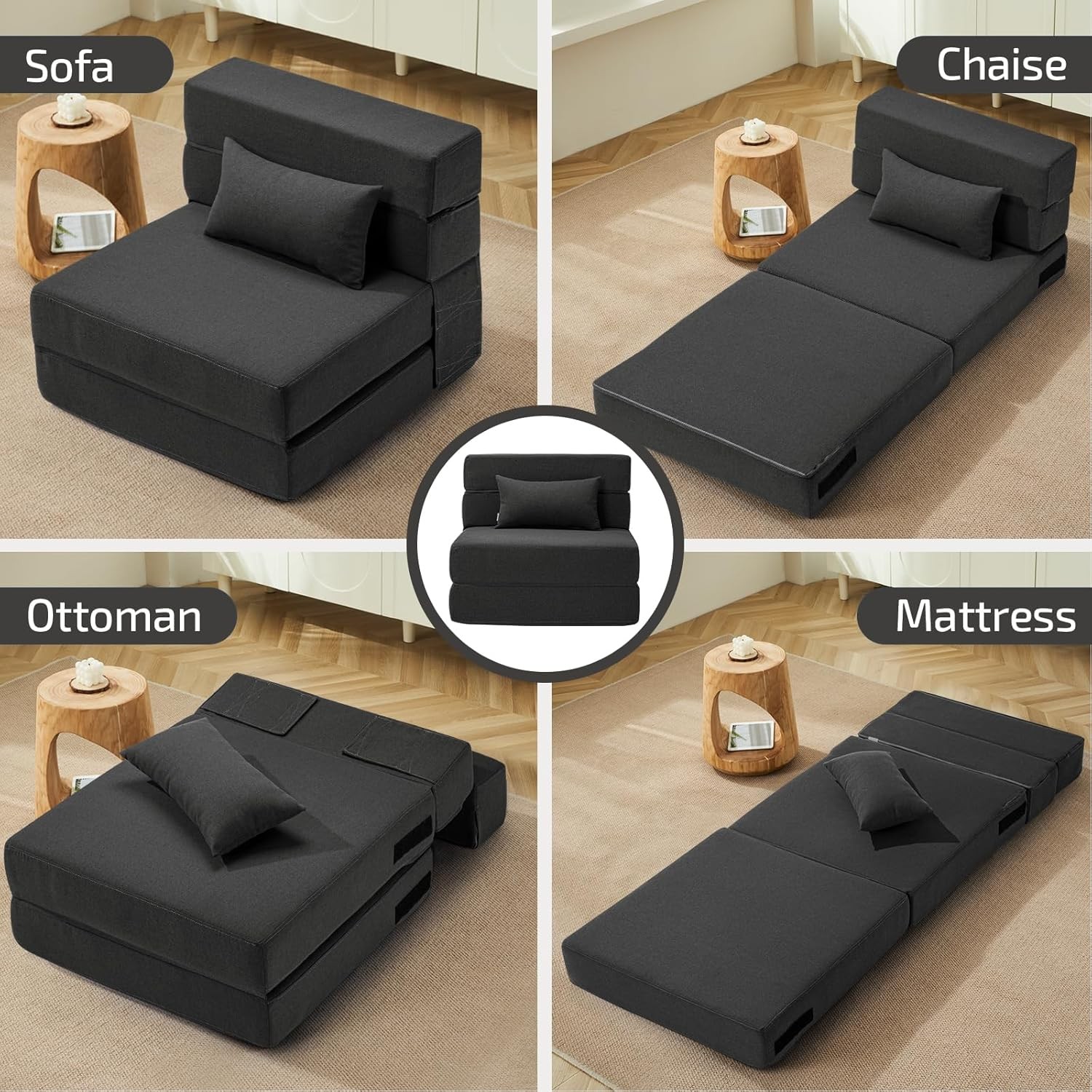 Folding Sofa Bed with Pillow- Convertible Chair Single(28 width), Dark Gray