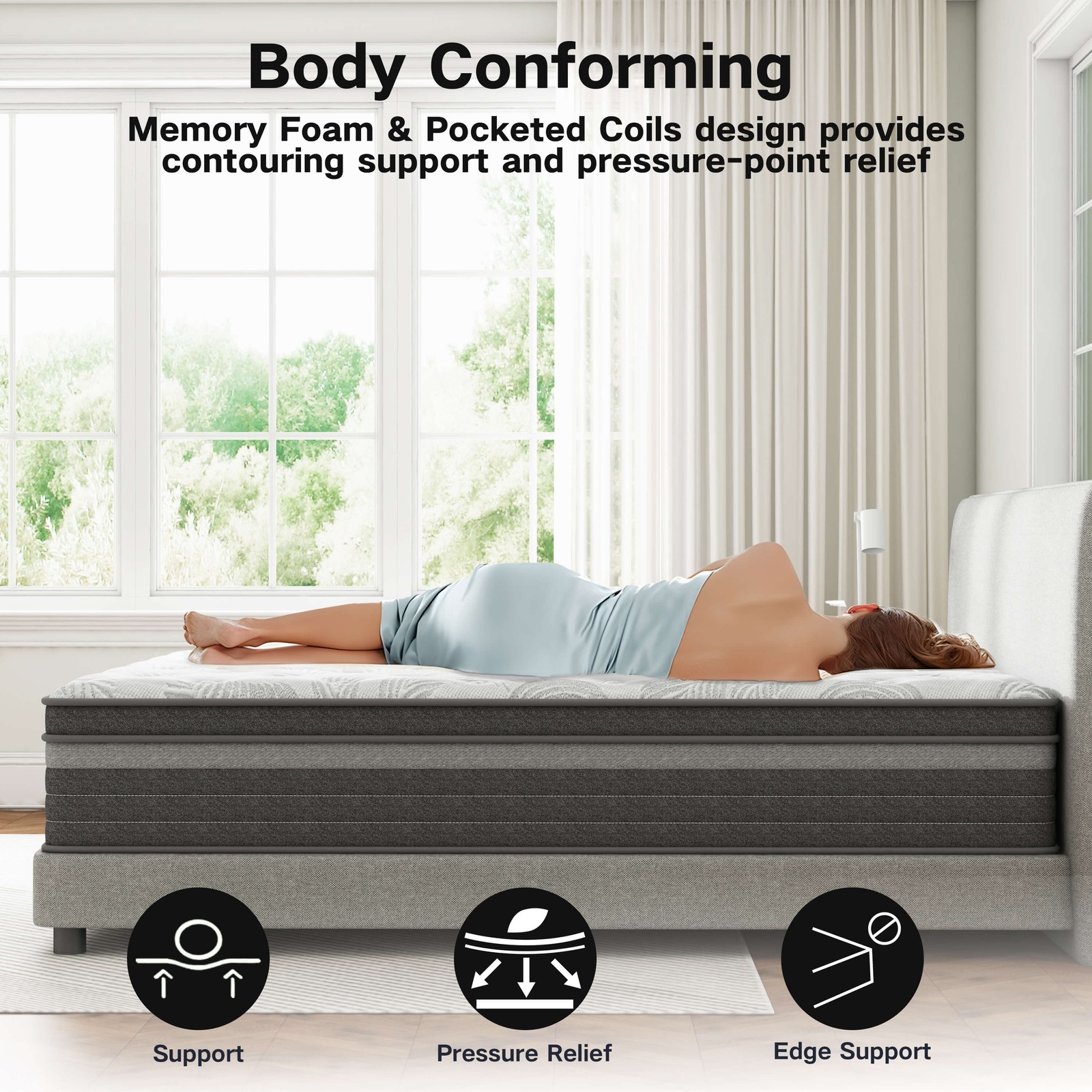 12″ 14″ Breathable Hybrid Memory Foam Pocket Spring Mattress, 7-Layer Supportive