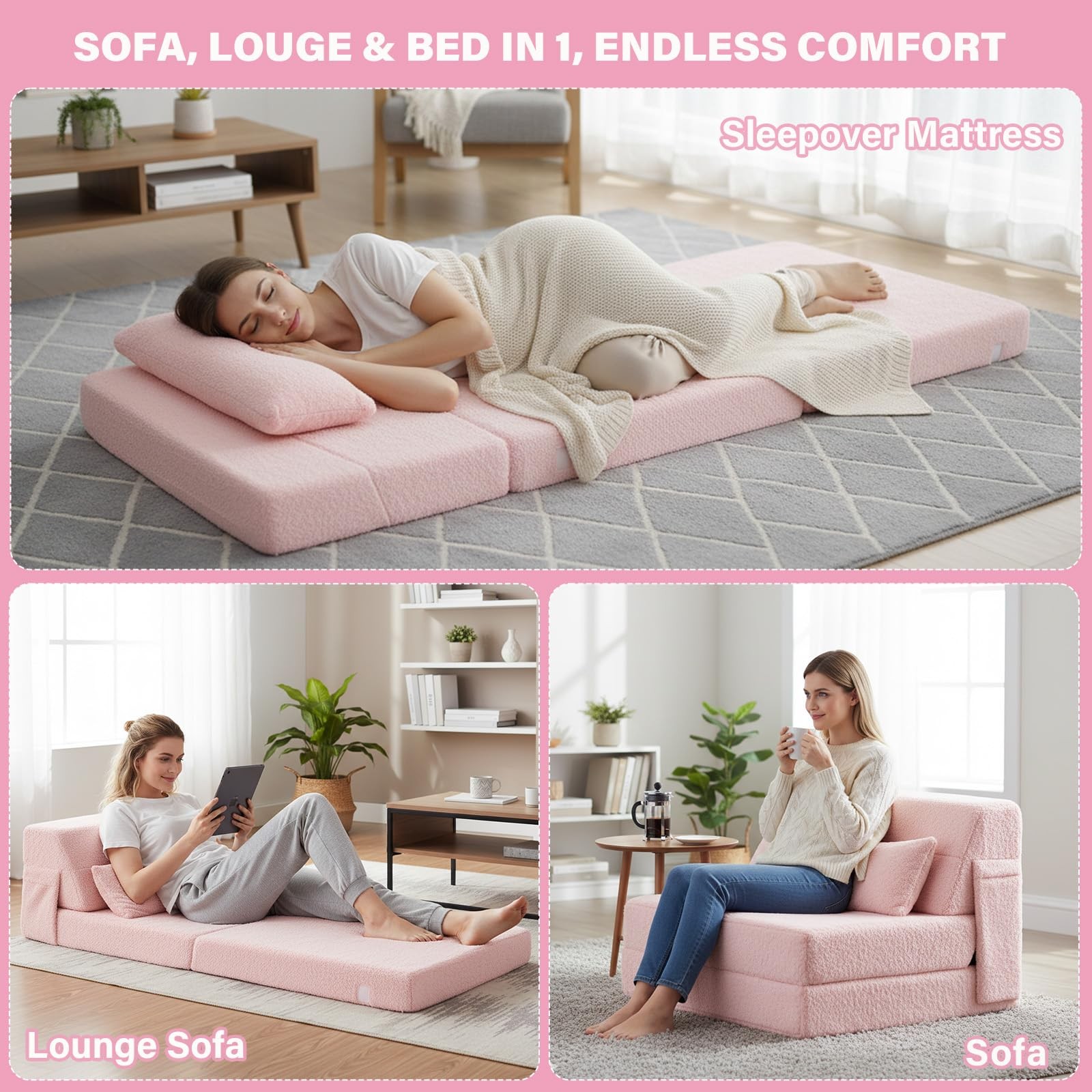 Convertible Folding Sofa Bed Single Size for Adults with Pillow, Plush Fabric…