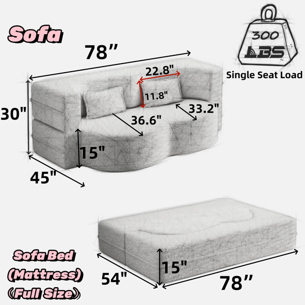 Modern Floor Sofa With 2 Pillows,Convertible Plush Corduroy Sleeper Sofa Bed,Ful