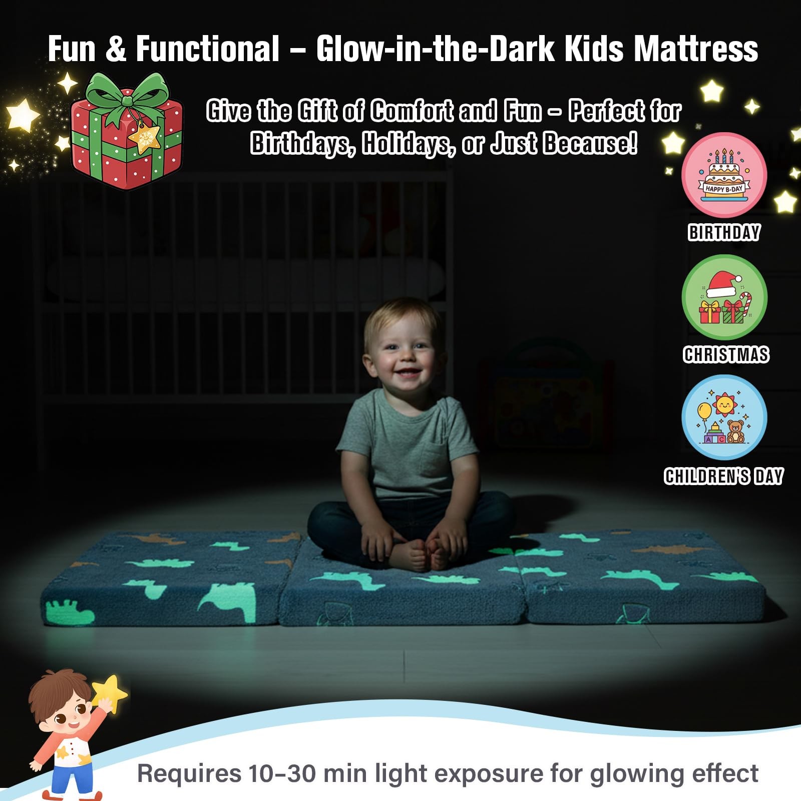 Foldable Floor Mattress for Kids-Glow in The Dark Toddler Nap Mat with Storag…