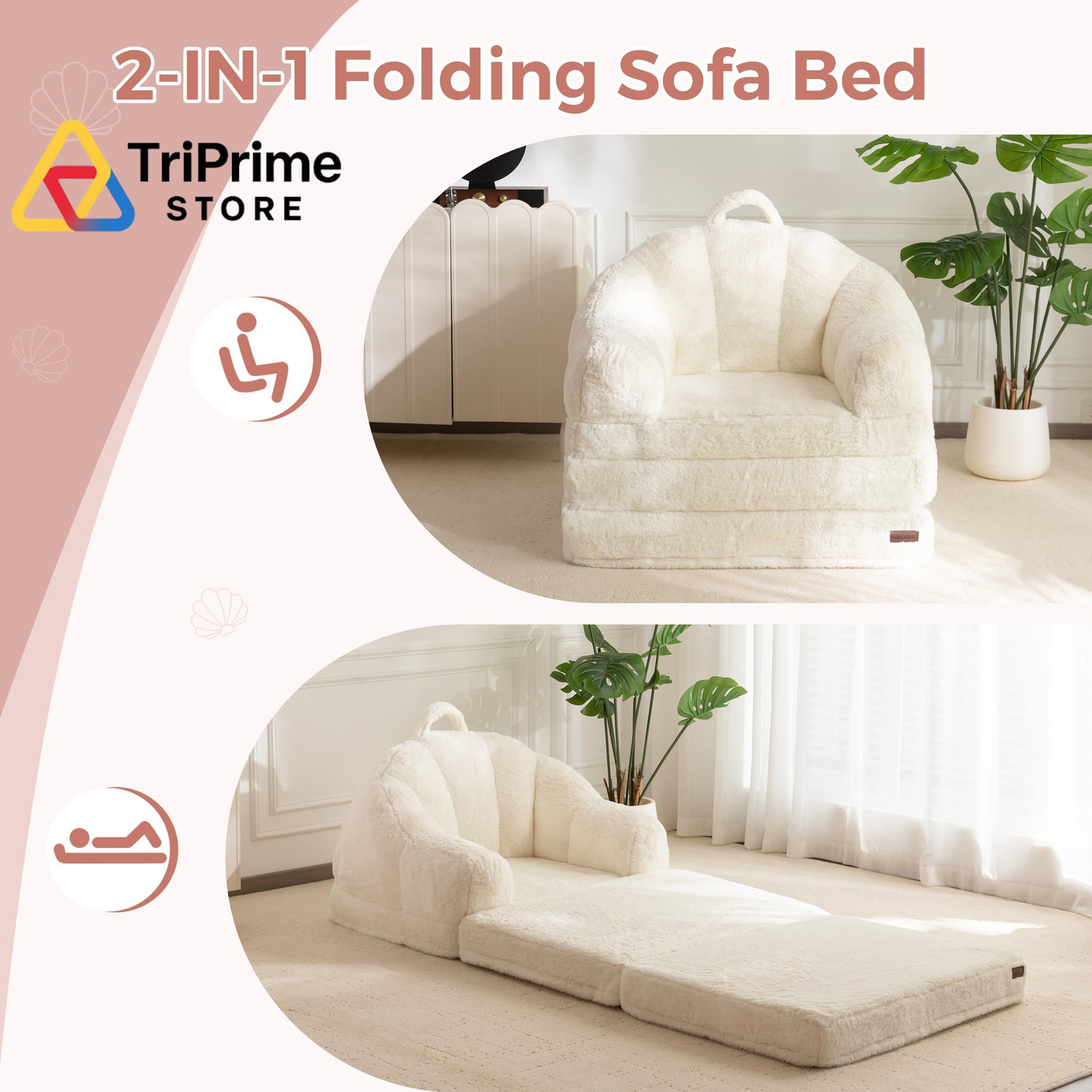MAXYOYO Folding Sofa Bed, 2 in 1 Convertible to Lounger Single, Beige