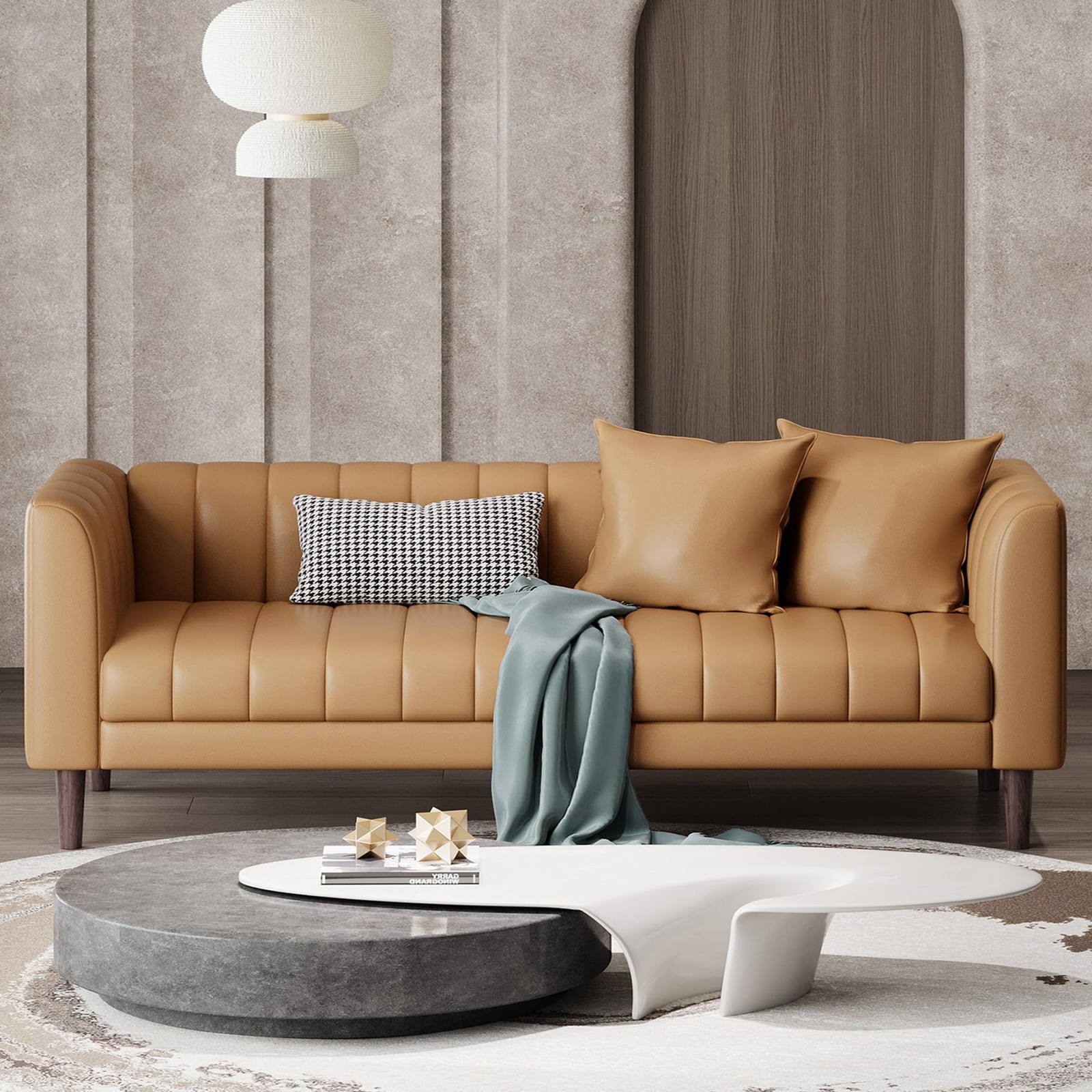 83″ W Faux Leather Sofa Couch for Living Room, Modern 3 Brown -1