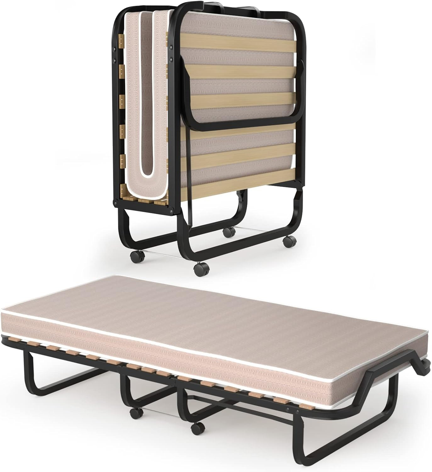 Portable Foldable Bed with 4″ Memory Foam Mattress & Wheels, Made in Italy