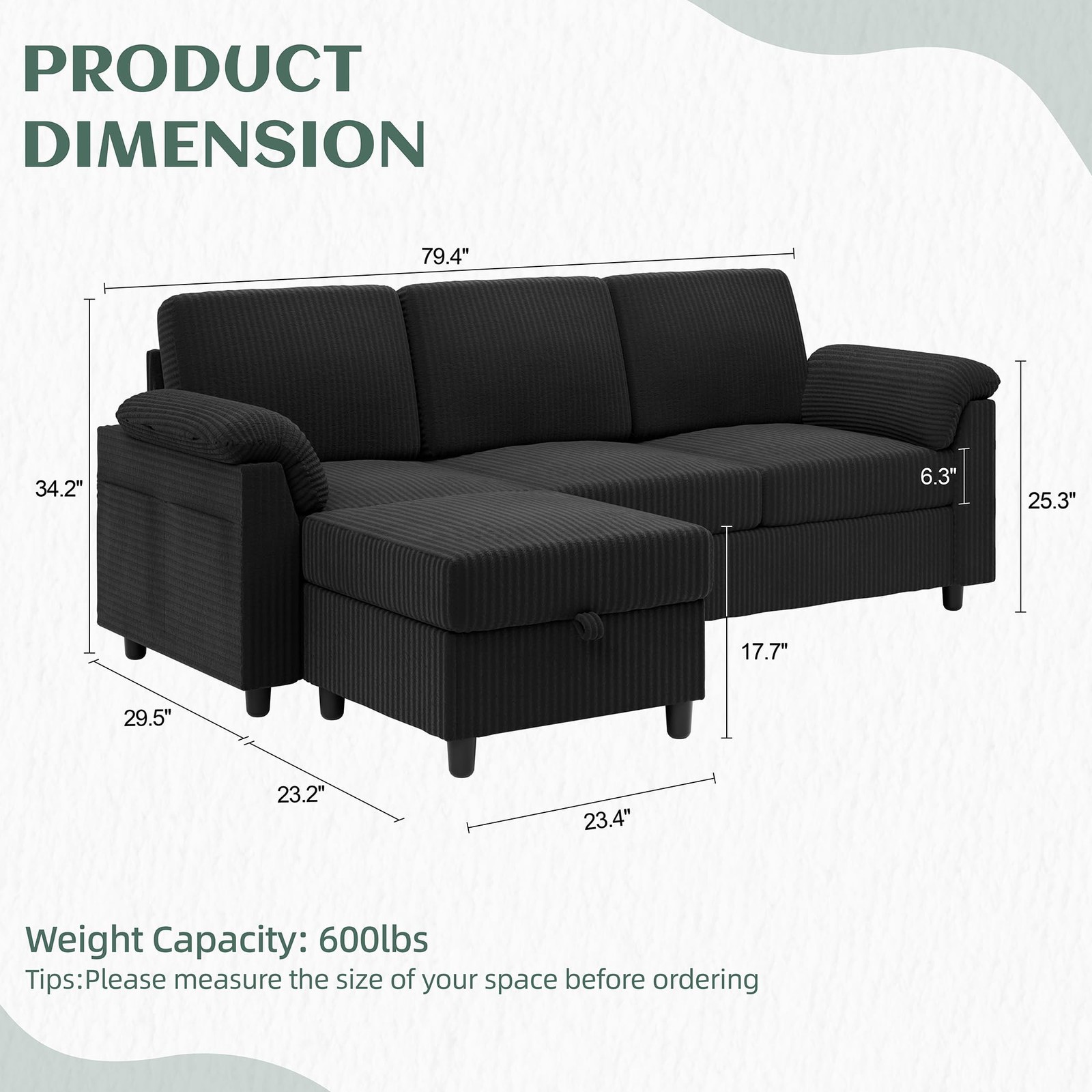 Vongrasig 79″ Convertible Sectional Couch Sofa with Storage Ottoman, 3 Black