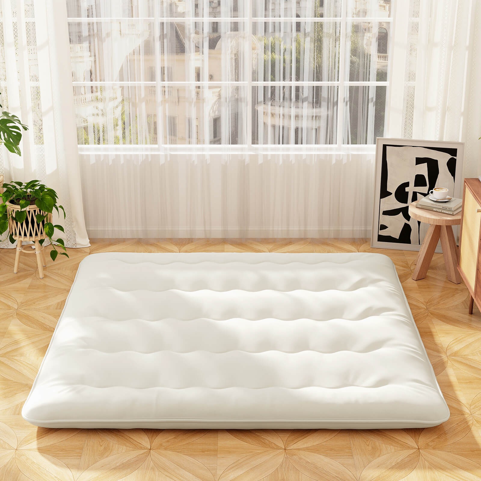 King Futon Mattress Japanese Sleeping Pad Lounge Bed w/ Washable Cover Beige