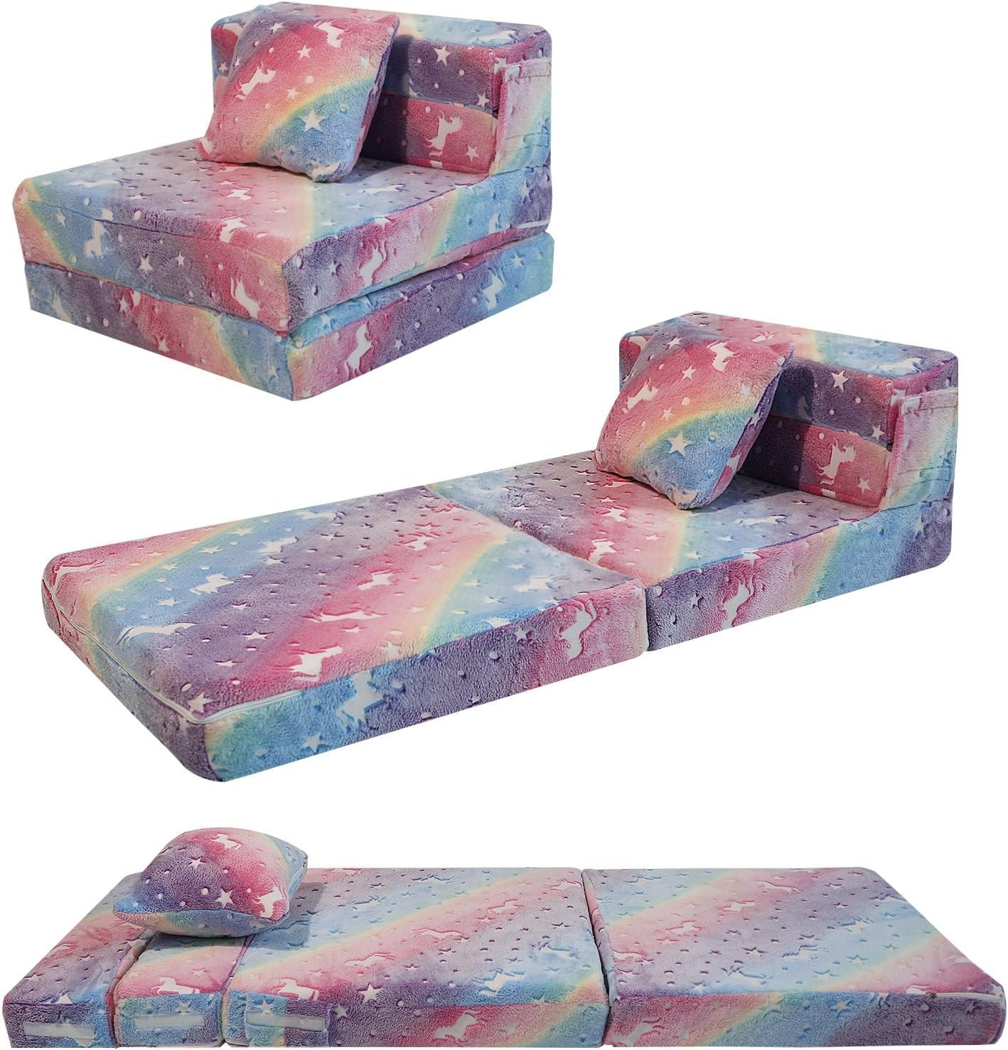 Glow Rainbow Unicorn Tri-fold Sofa Bed for Kids, Foldable Futon Mattress, Cha…
