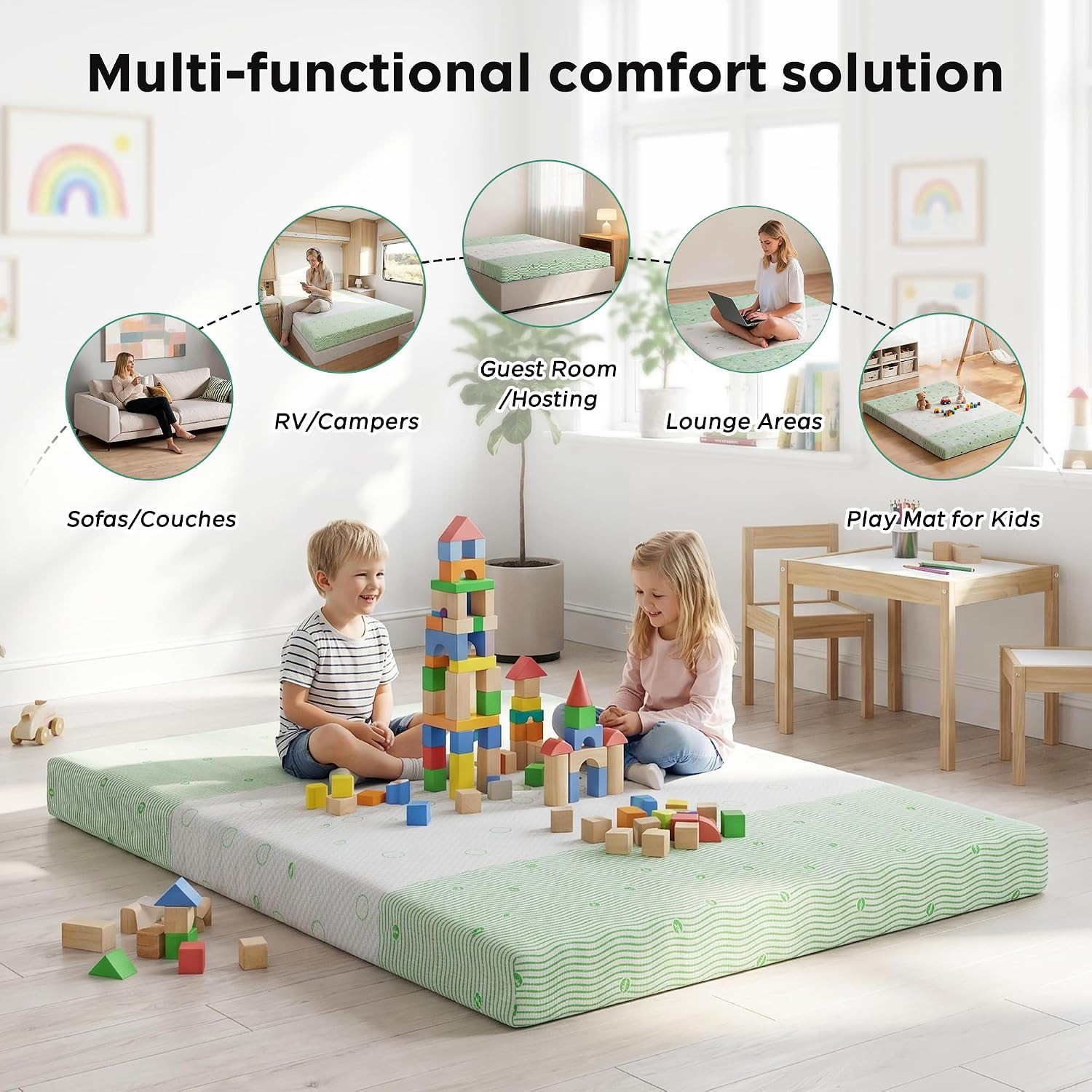 4 Inch Gel Memory Foam Sofa Mattress Queen Size – Light Green & White Foldable R