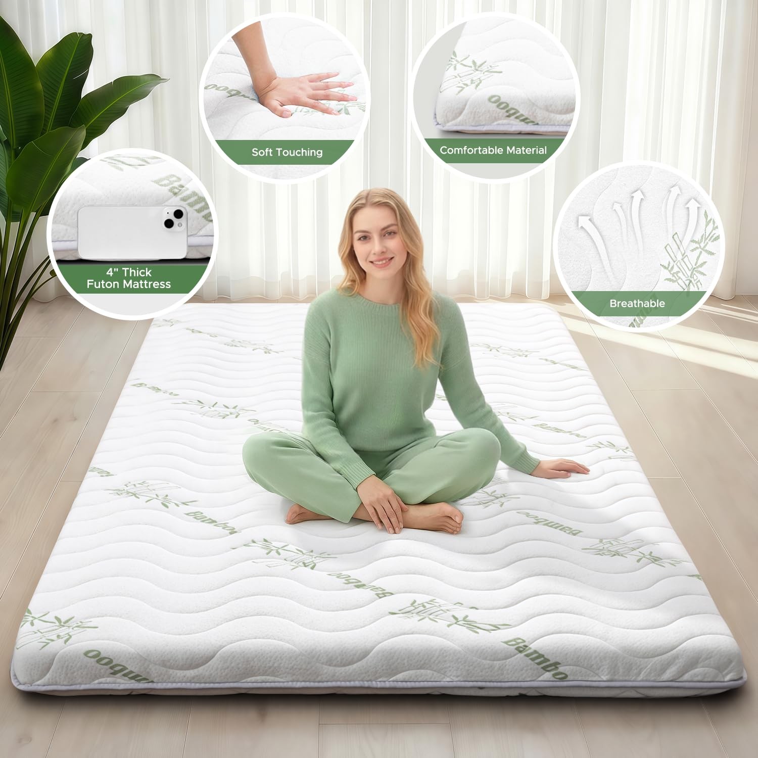 Japanese Floor Mattress Viscose Derived from Bamboo, 100% High Density Foam, …