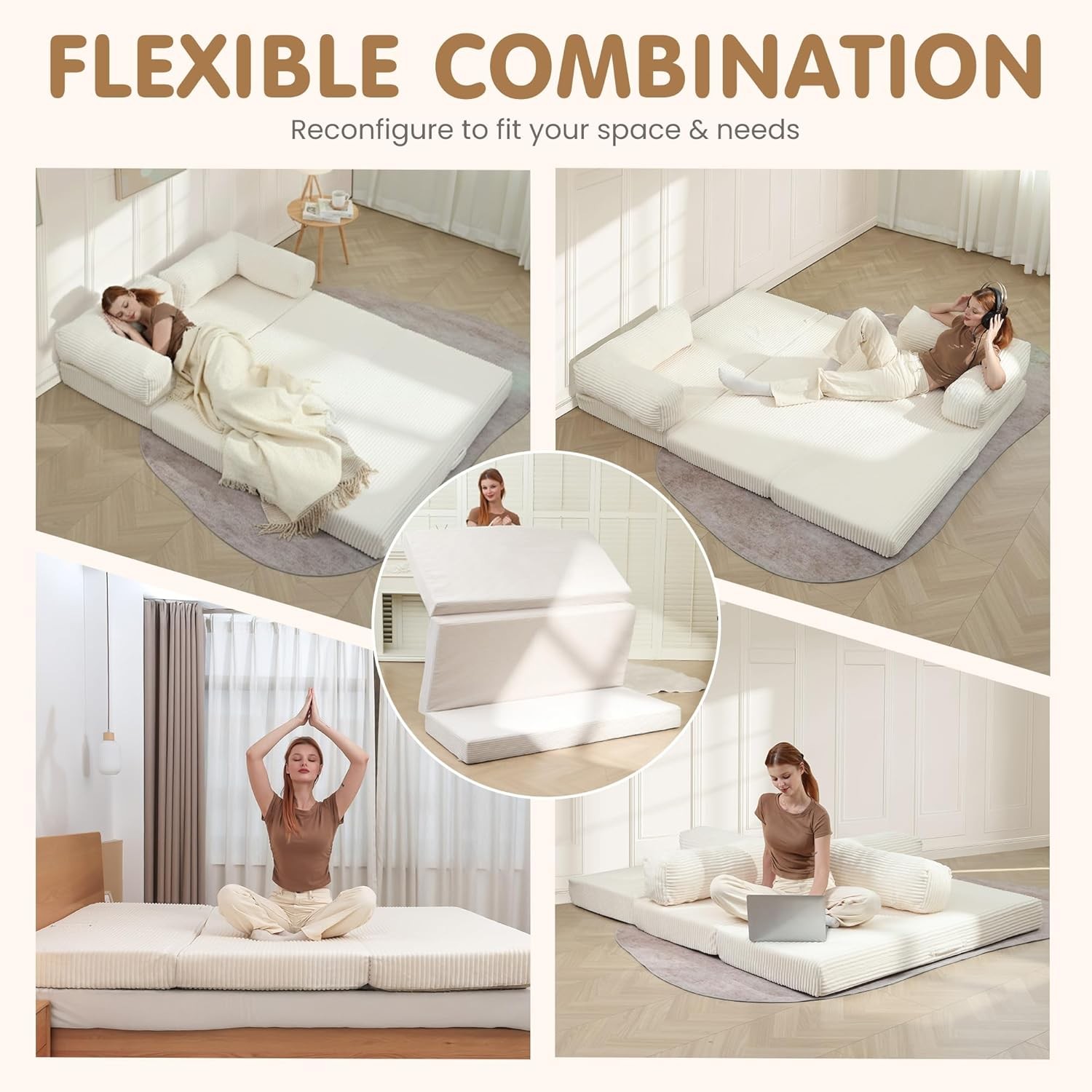 Convertible Sofa Bed Queen,5-in-1 Tri-Fold Bonel Couch with Removable
