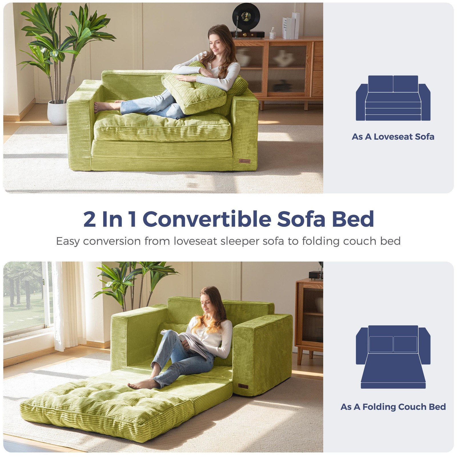 MAXYOYO Convertible Sofa Bed, Pull Out Loveseat Sleeper Sofa, Loveseat, Green