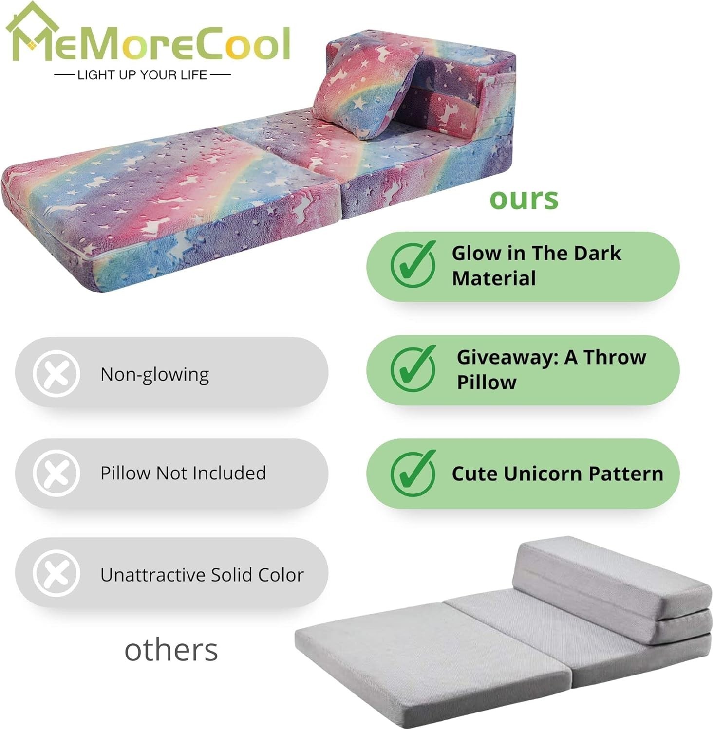 Glow Rainbow Unicorn Tri-fold Sofa Bed for Kids, Foldable Futon Mattress, Cha…