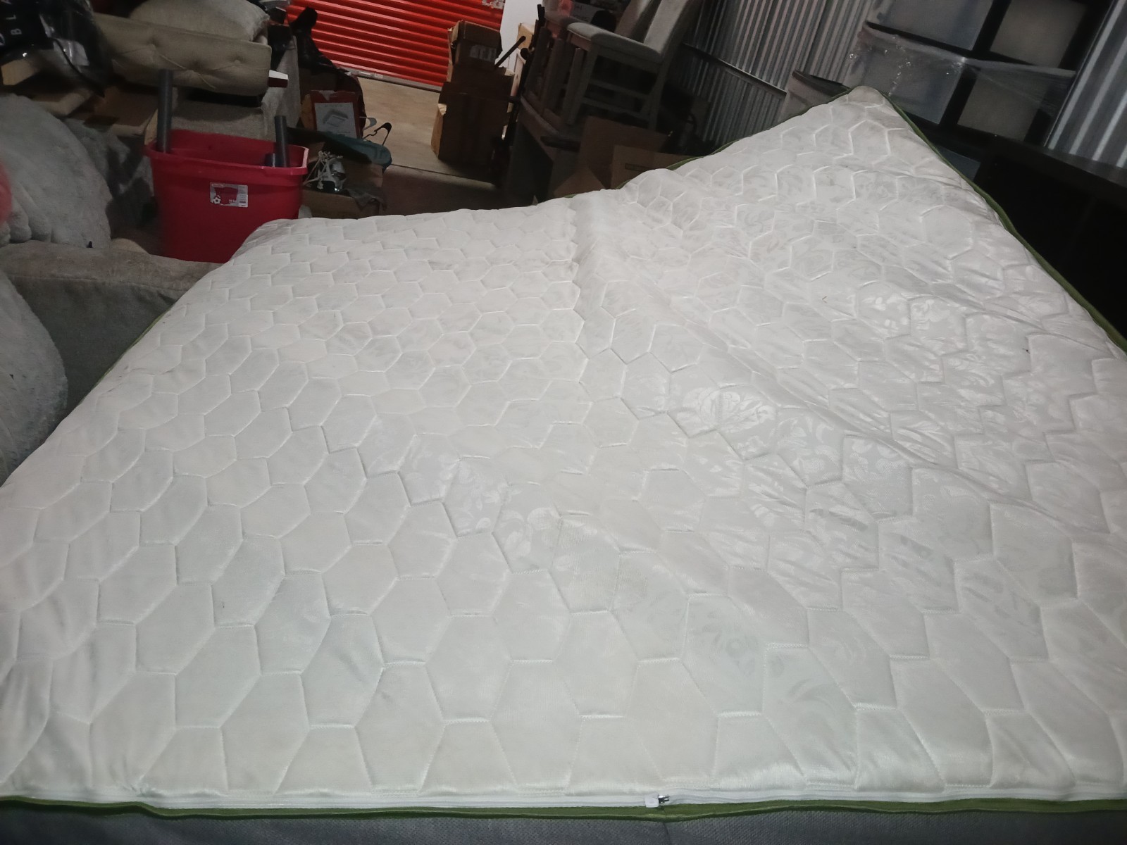 King Size Mattress Set with Upholstered Headboard, Geometric White Beige