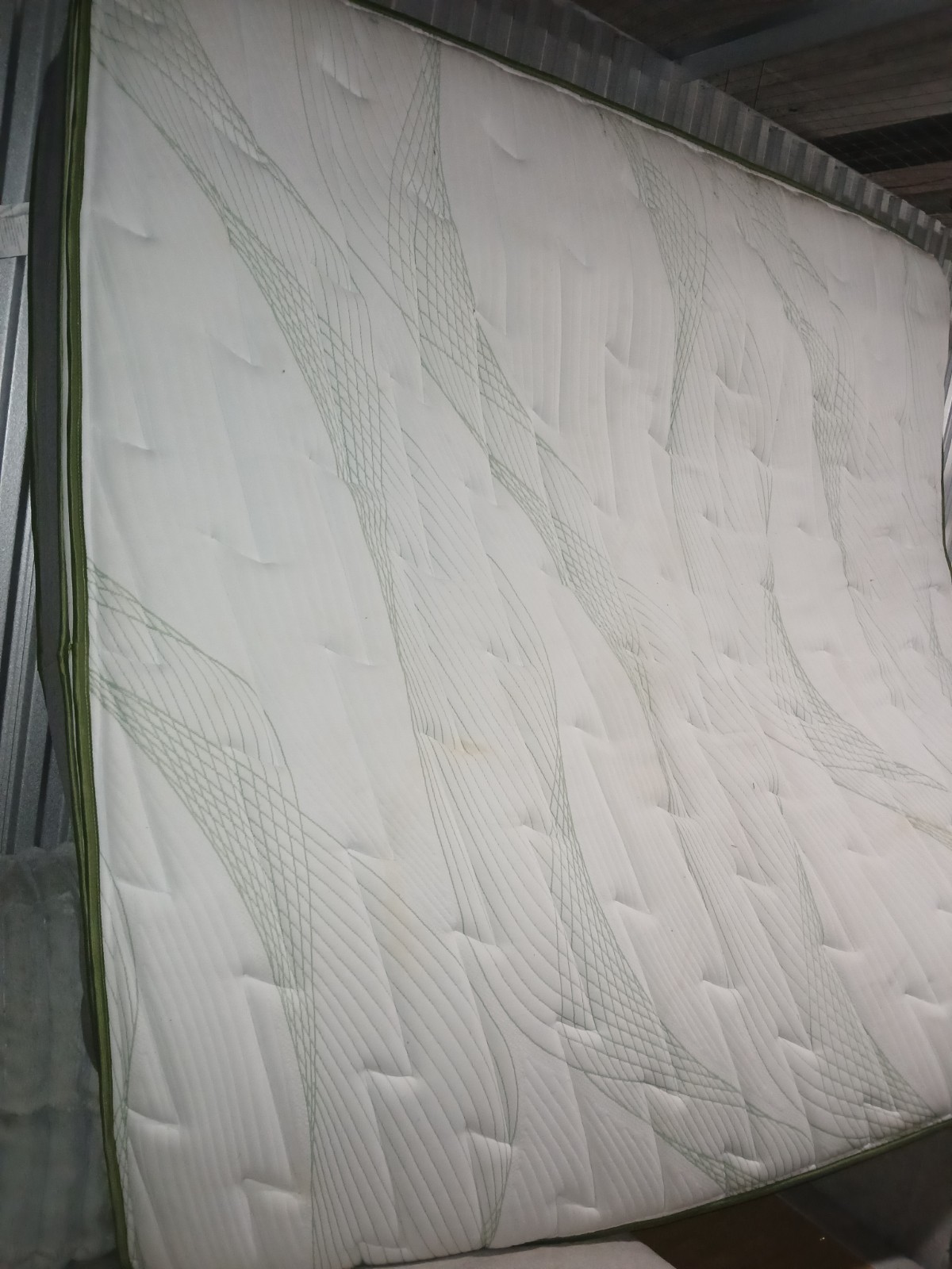 King Size Mattress Set with Upholstered Headboard, Geometric White Beige