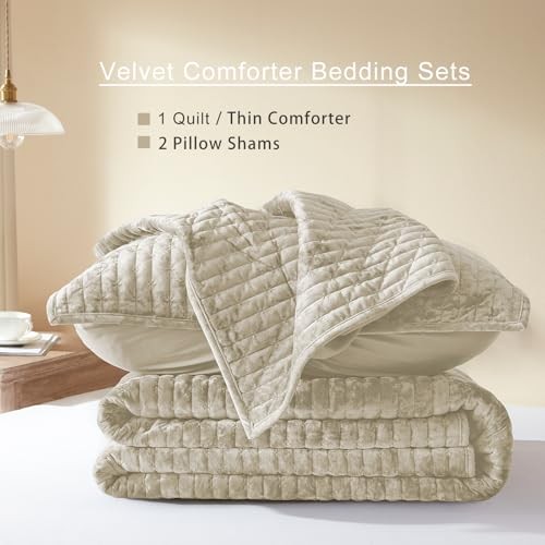 Velvet Quilt Set Full/Queen Size 90”x98”, Lightweight Beige Velvet