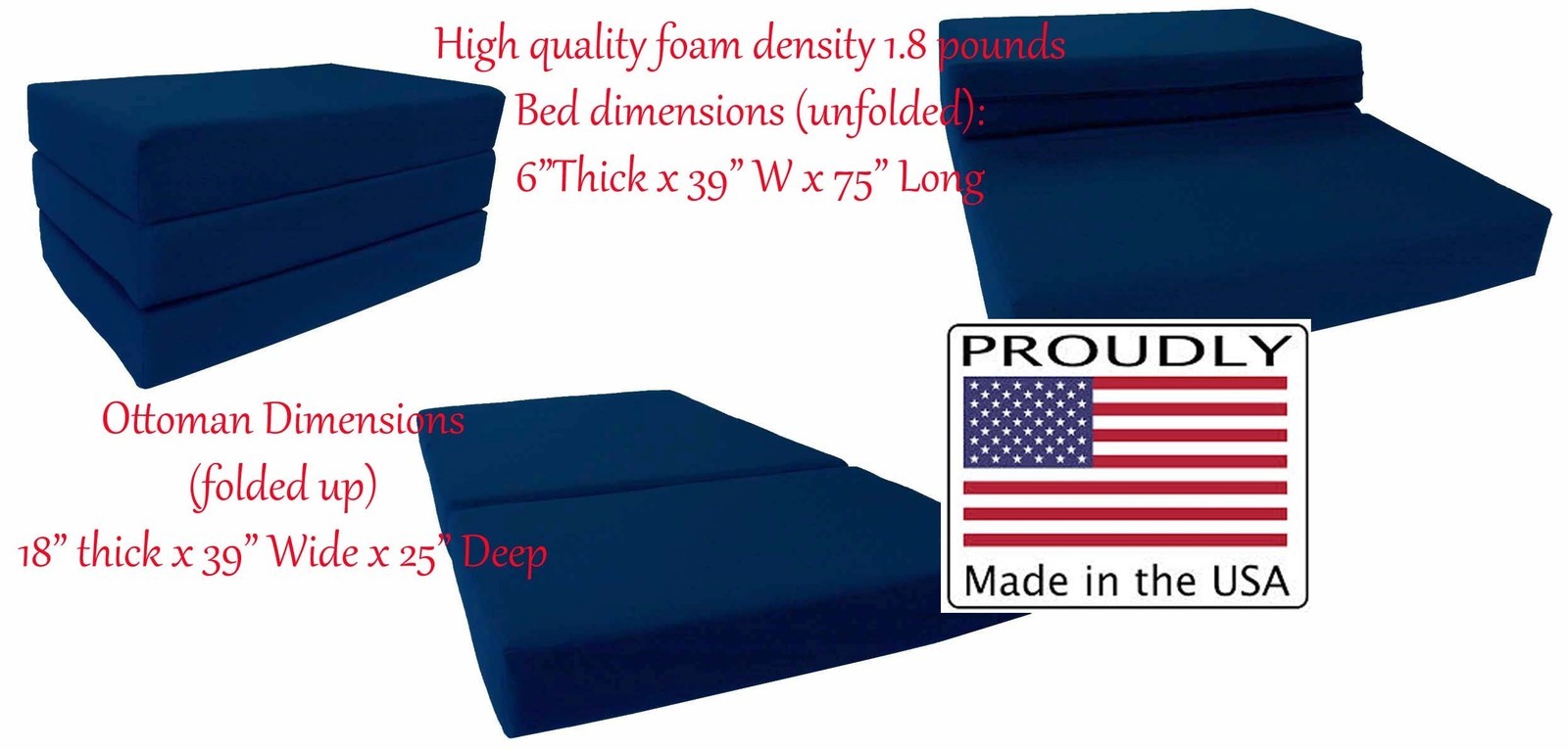 Queen Size 6x60x80 Shikibuton Trifold Foam Bed, Mattress Density 1.8 lb Navy