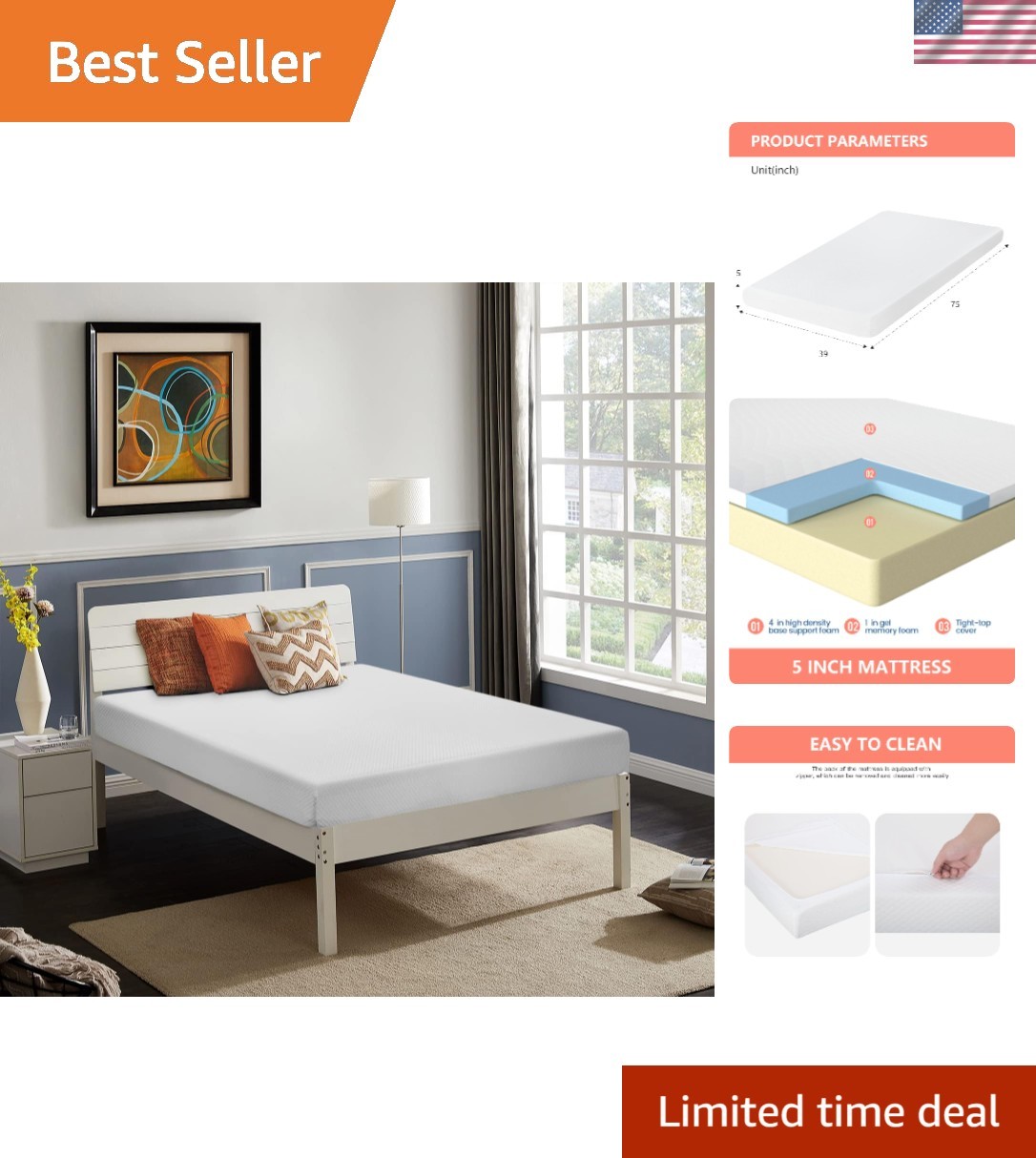 Easy Delivery Twin Mattress – 5-Inch Gel Foam with Removable Cotton Cover