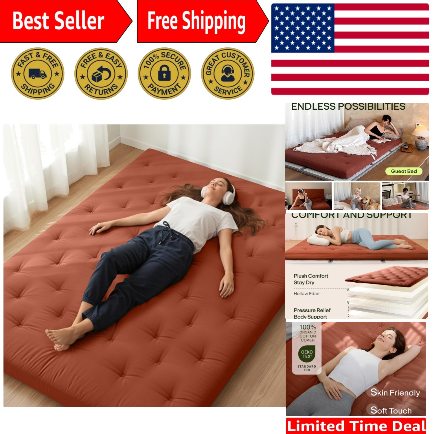 Elegant Japanese Floor Futon Mattress 75″x39″ – Plush Roll-Up Design for Comfort