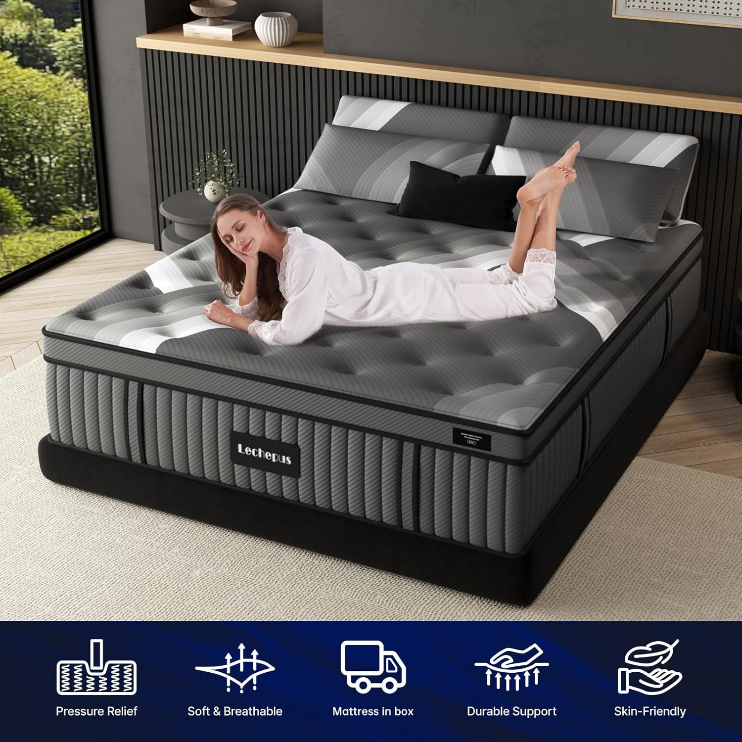 Lechepus 14Inch Queen Mattress in Box, Plush Memory Foam Queen Size Hybrid Mattr