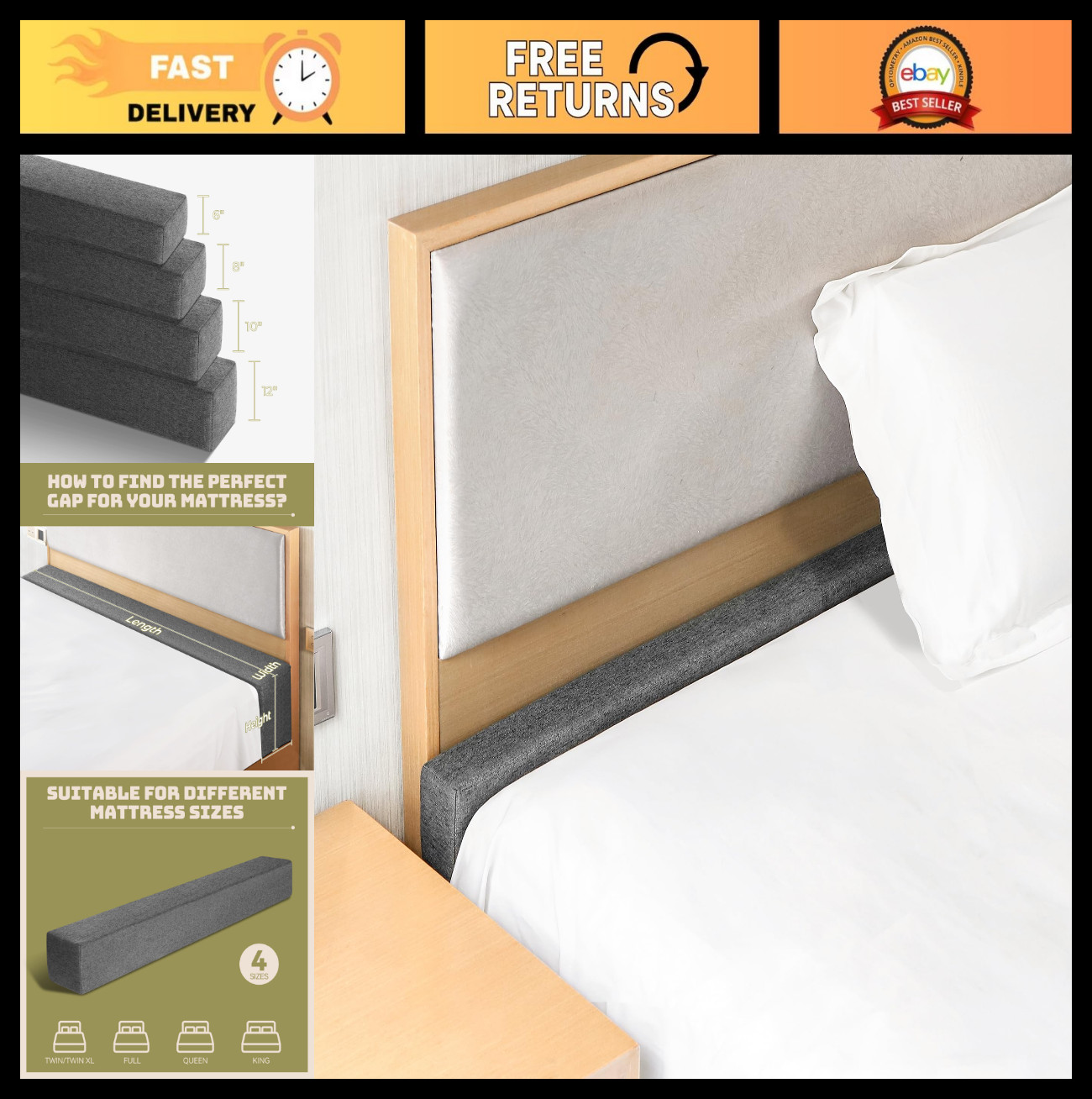 King Mattress Bed Gap Filler – High-Density Foam, Washable Cover, Extender for H