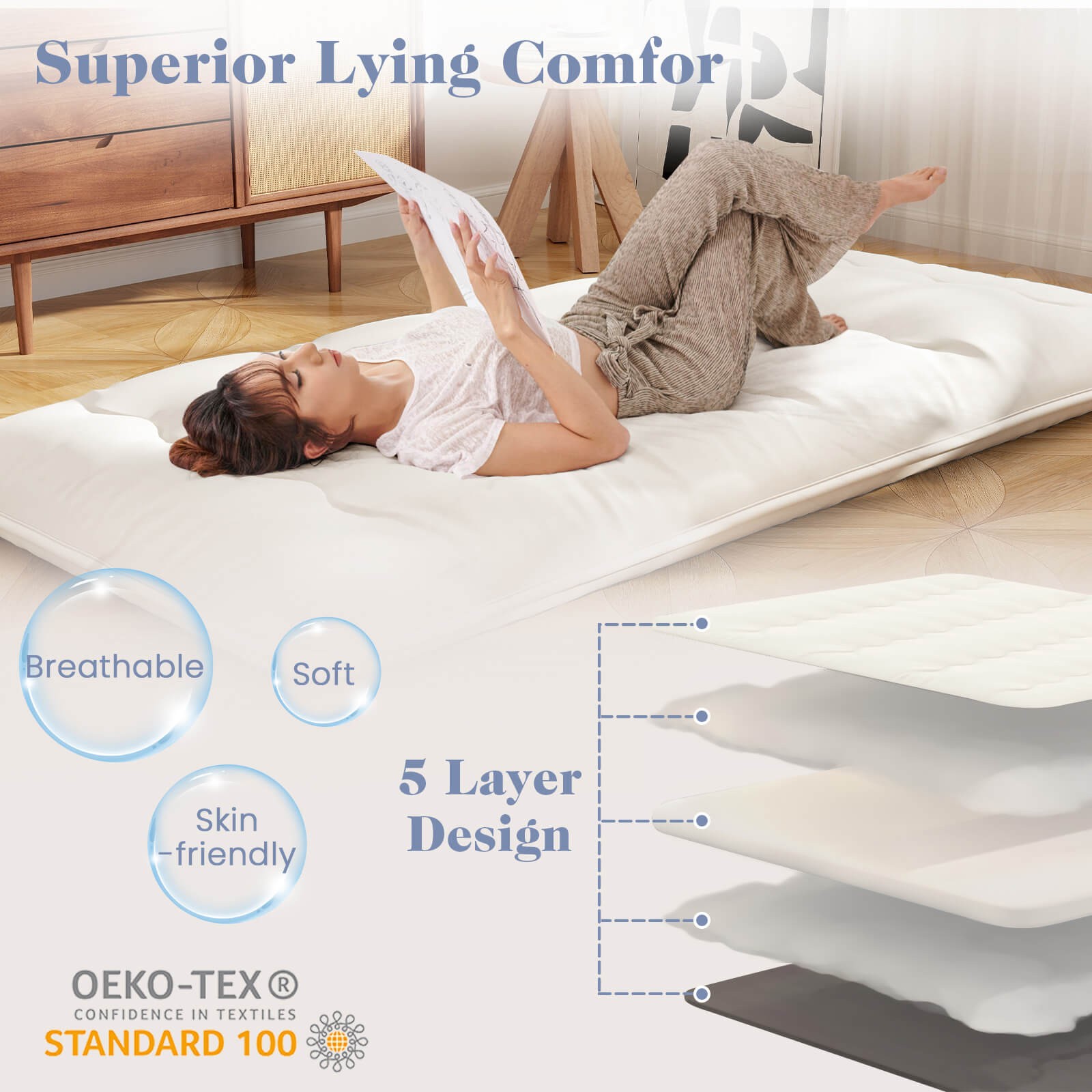 Twin Futon Mattress Japanese Floor Sleeping Pad Washable Cover Carry Bag Beige