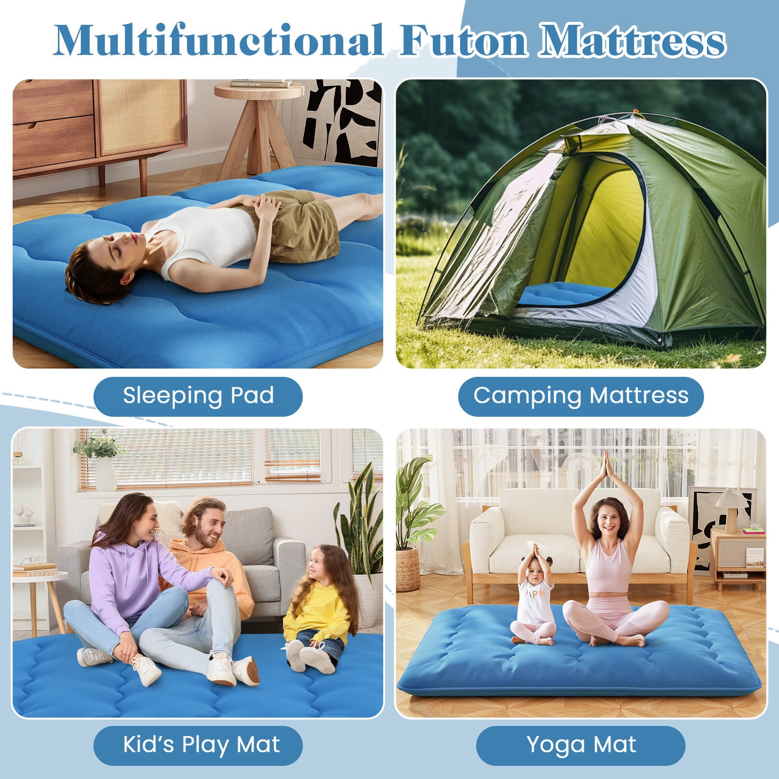 Queen Futon Mattress Japanese Sleeping Pad Lounge Bed w/ Washable Cover Blue