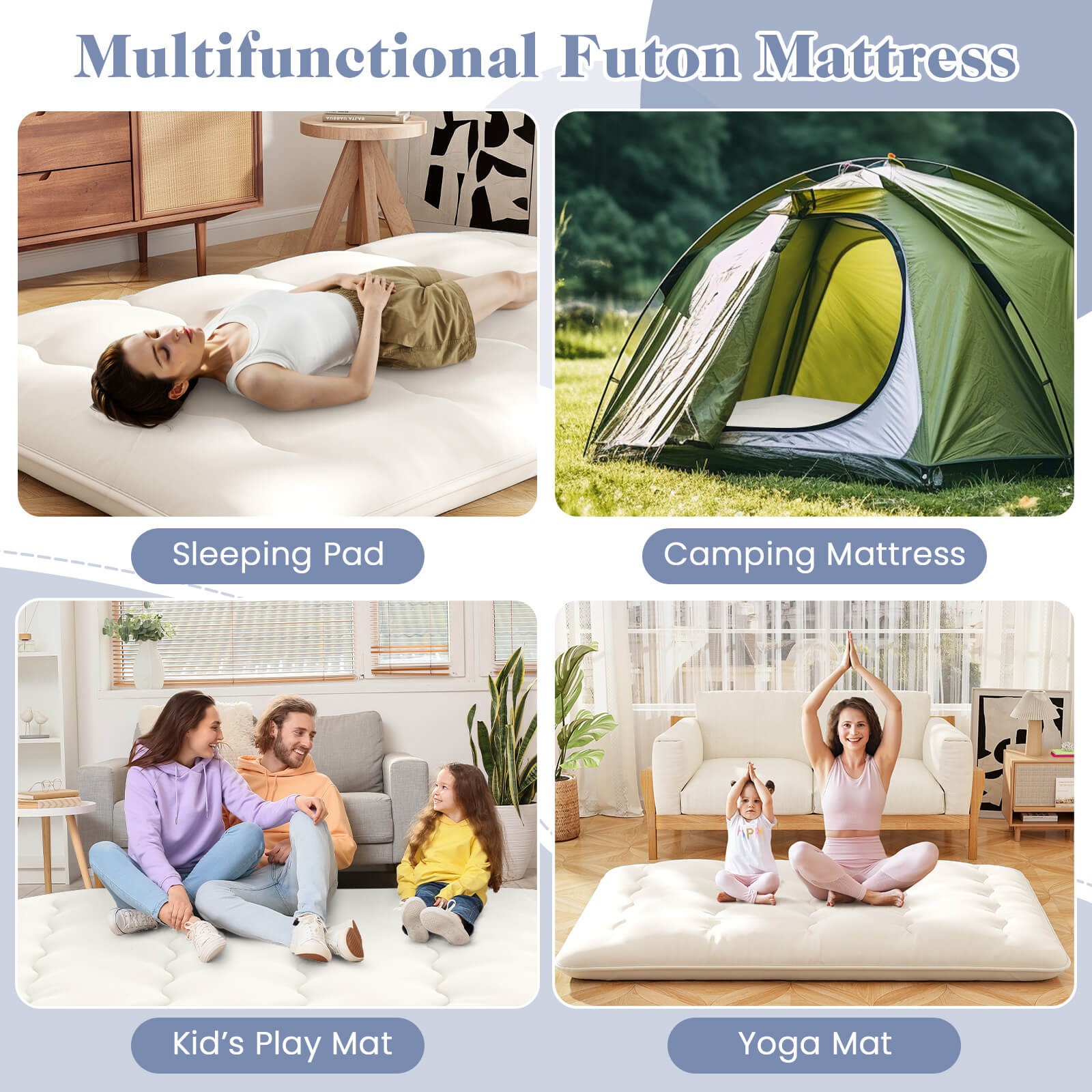 Full Futon Mattress Japanese Sleeping Pad Lounge Bed w/ Washable Cover Beige