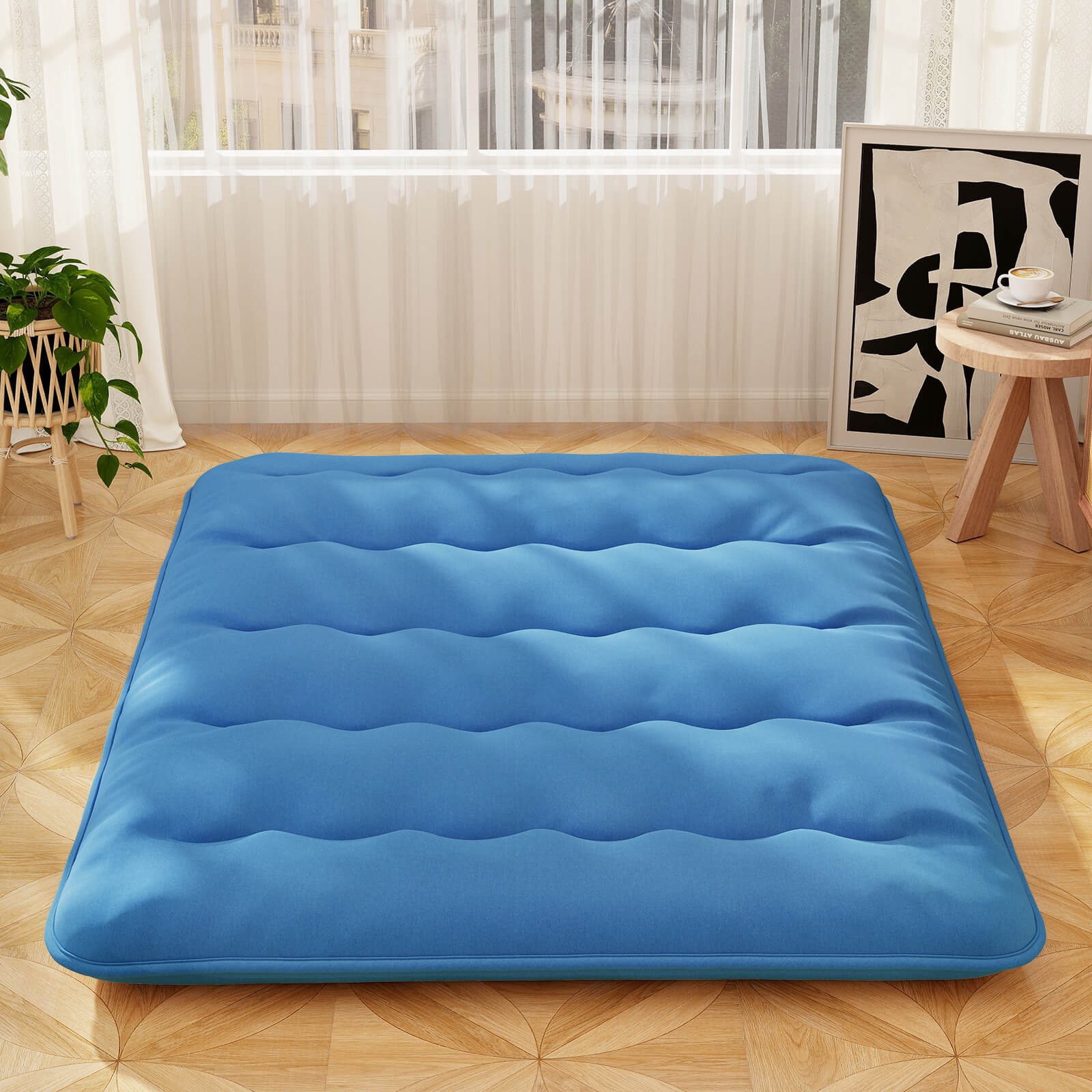 Queen Futon Mattress Japanese Sleeping Pad Lounge Bed w/ Washable Cover Blue