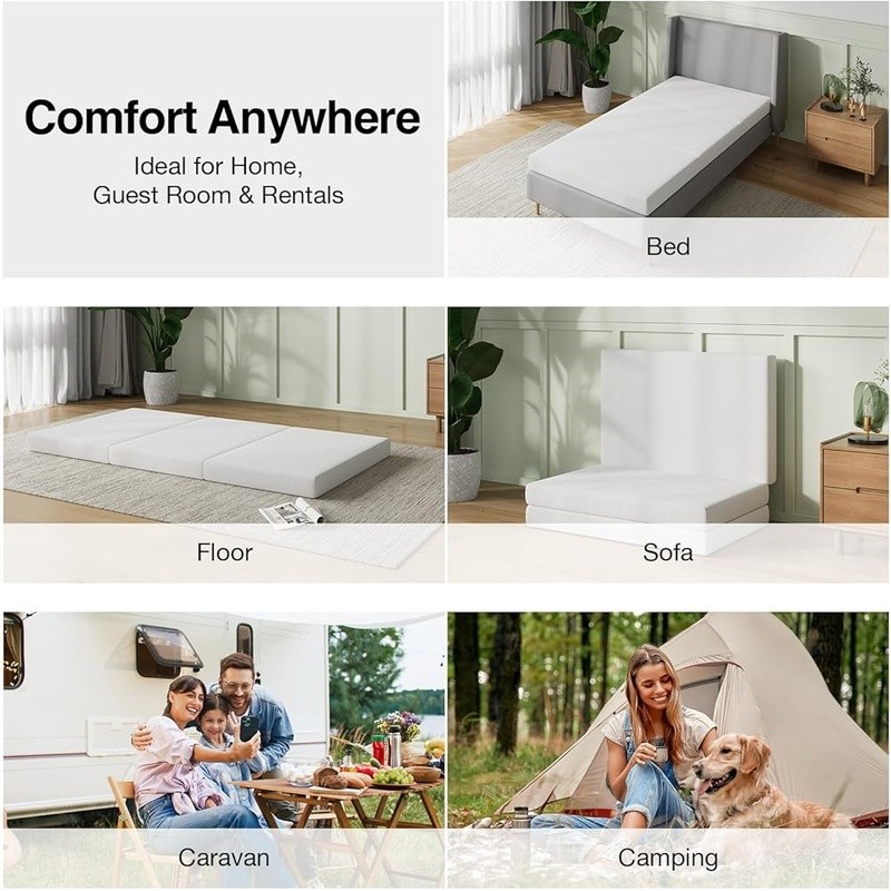 Portable Tri-Fold Mattress Comfortable Foldable Sofa Topper Memory Foam Travel