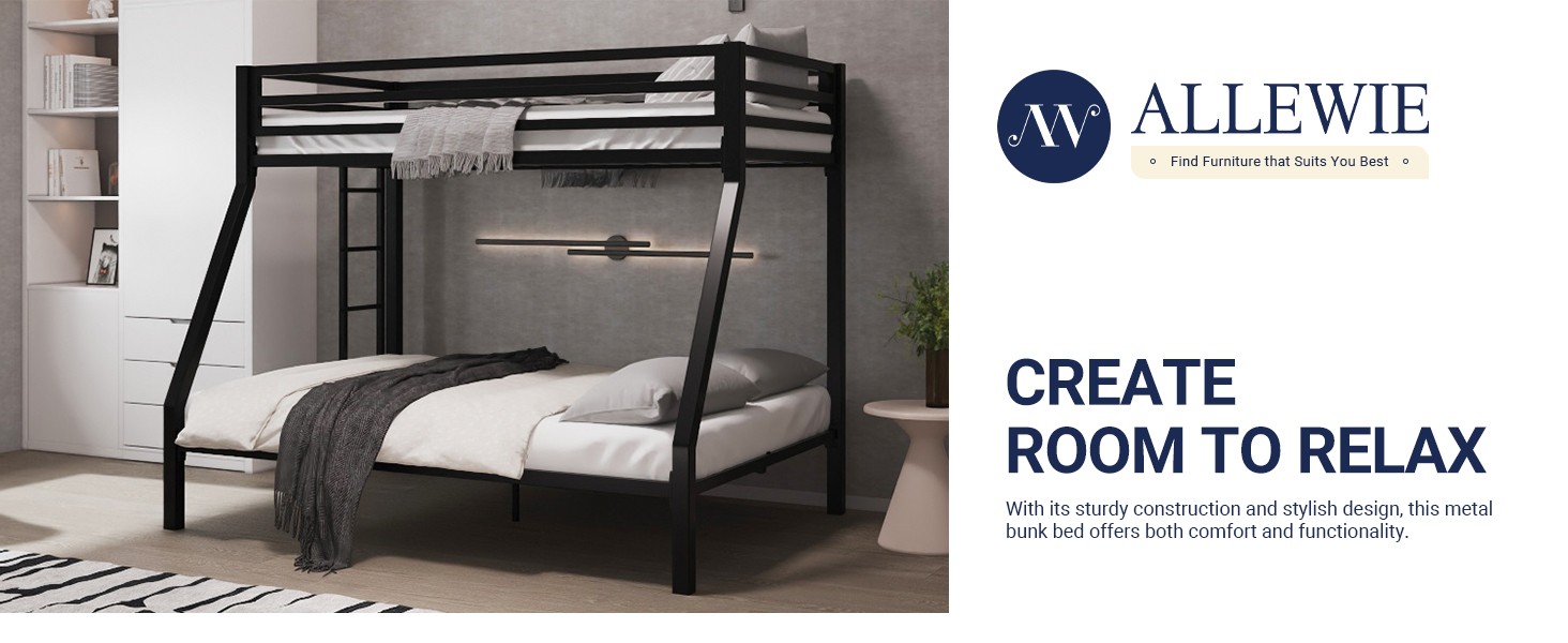 Metal Bunk Bed Twin Over Full Size for Junior & Adults with Ladder
