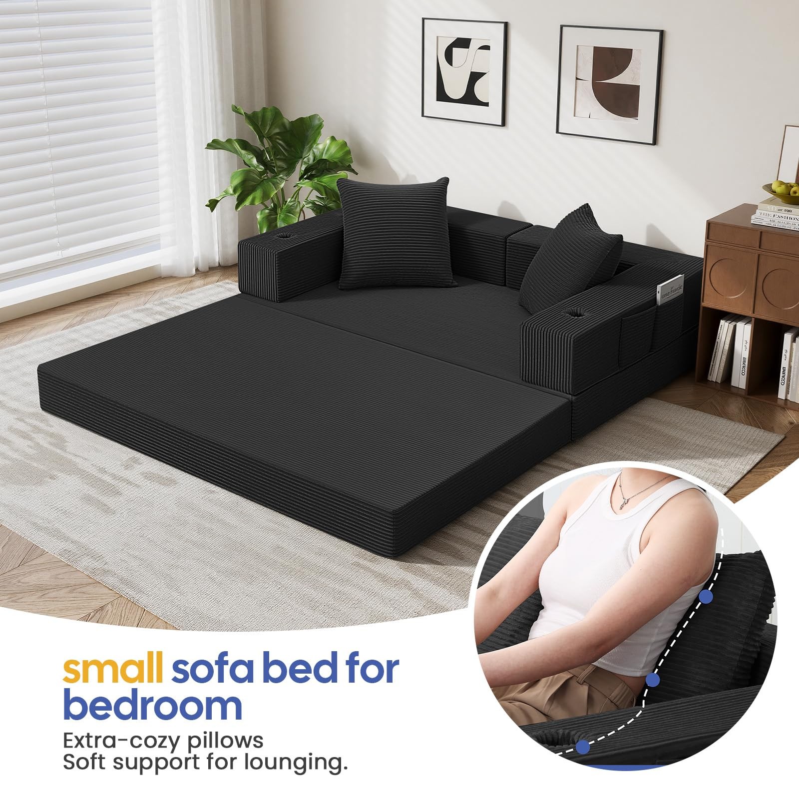 COMAX Futon Sofa Bed, 4‑in‑1 Convertible L-Shaped Loveseat, Black