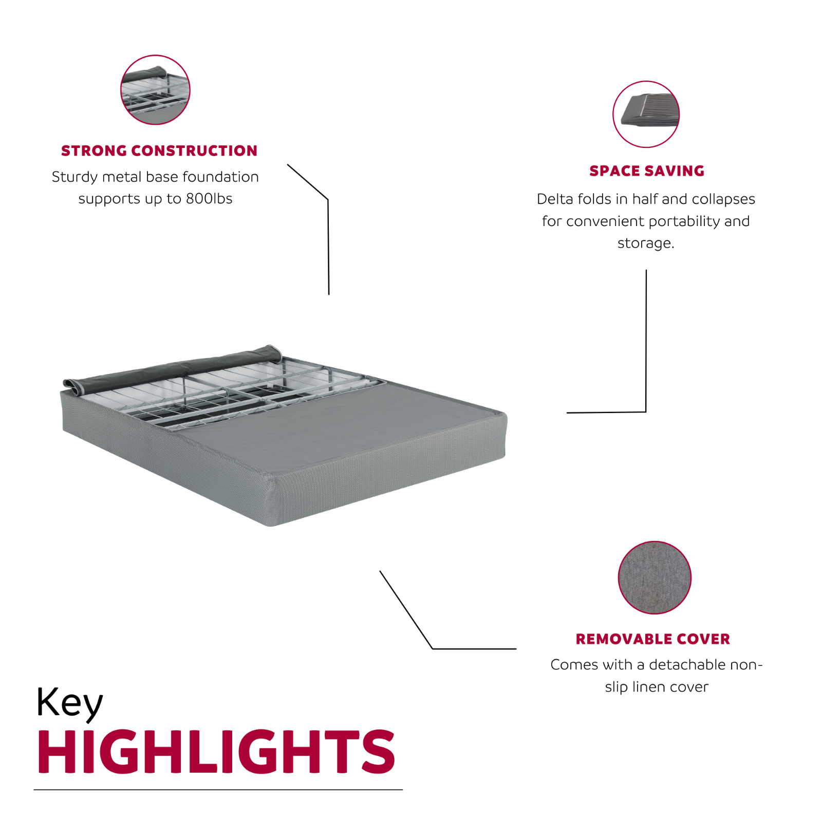9 in. Foldable Mattress Foundation Box Spring, Queen Size Metal Bed Base, Gray