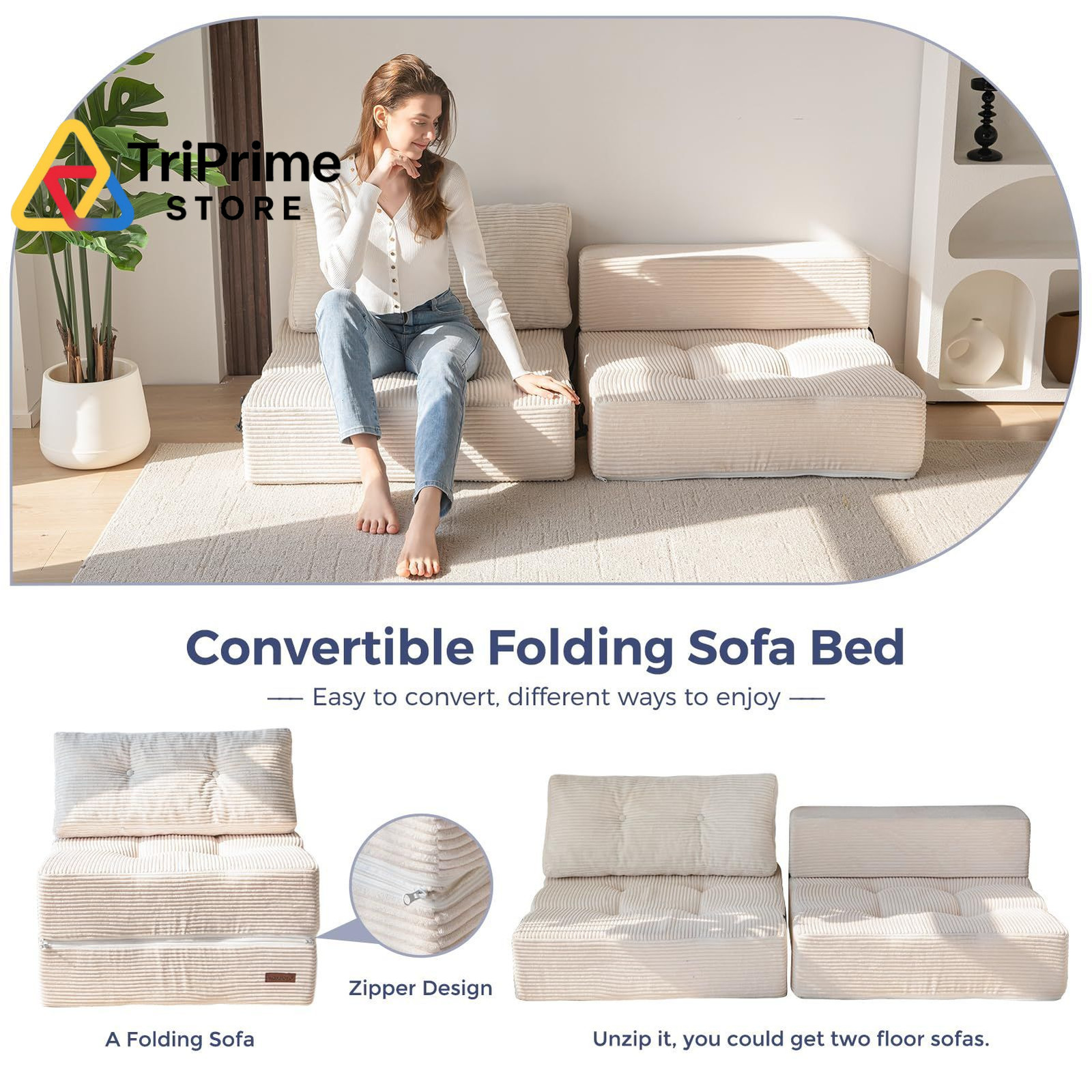 MAXYOYO Folding Sofa Bed, Convertible Bed with High-Density Large, Beige