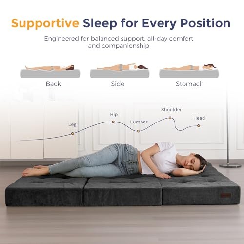 Tri-Fold Mattress, 6 Inch Tufted Folding Mattress with Chenille Full Dark Grey
