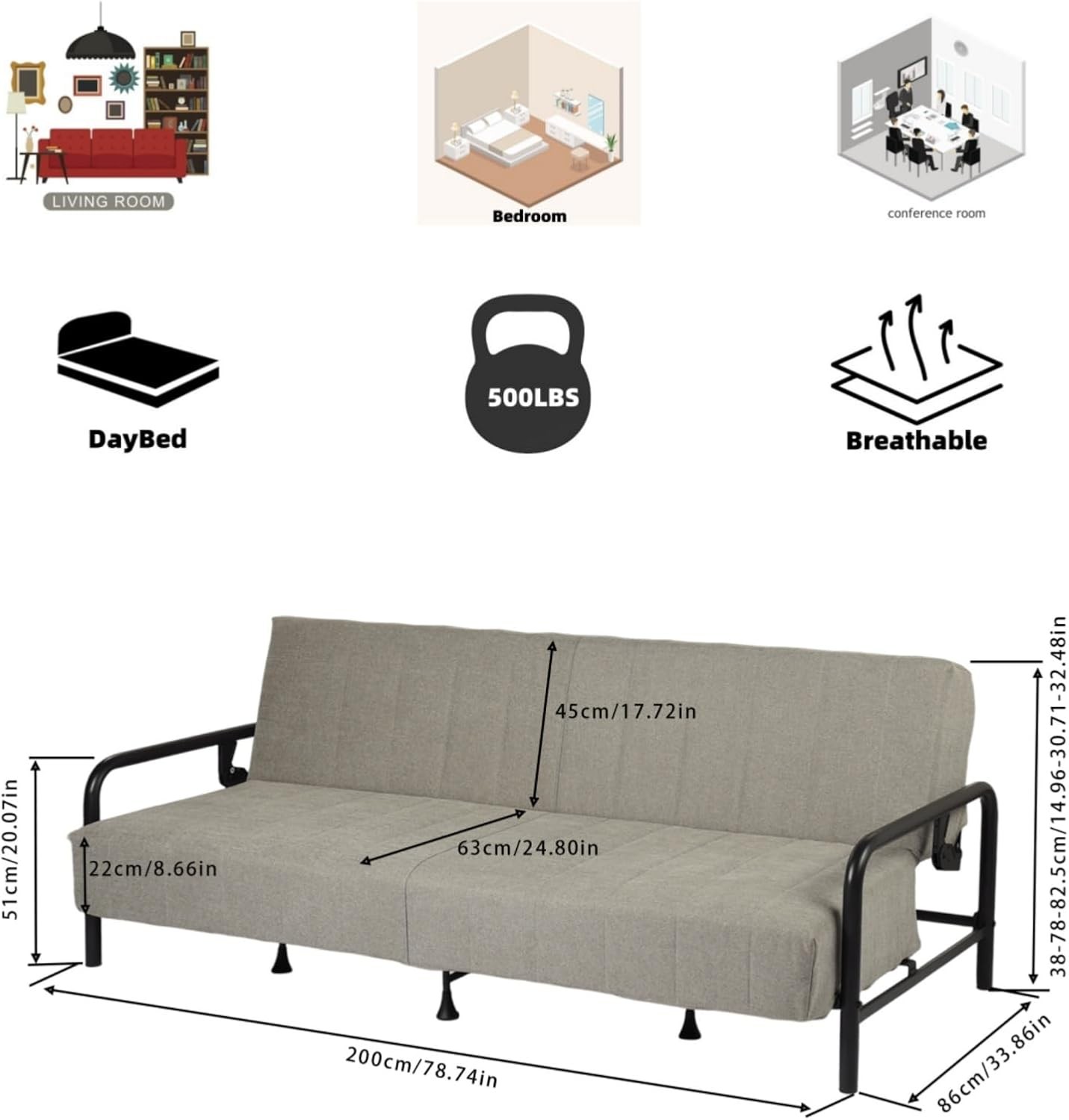 Modern Grey Futon Sofa Bed with Arm, 78.74″ 3-Posit