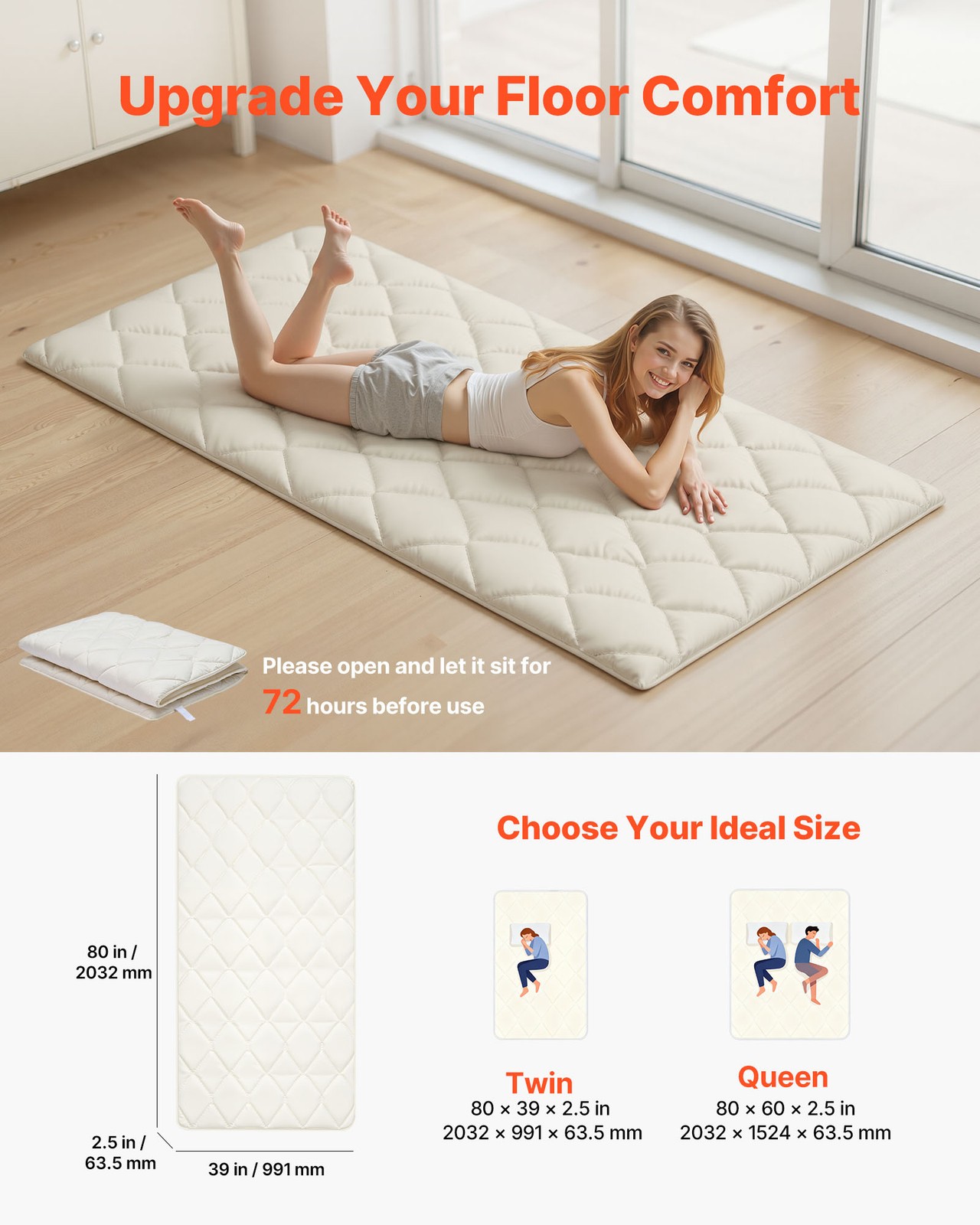 VEVOR Japanese Tatami Mat Twin Foldable Futon Mattress with Storage Bag White